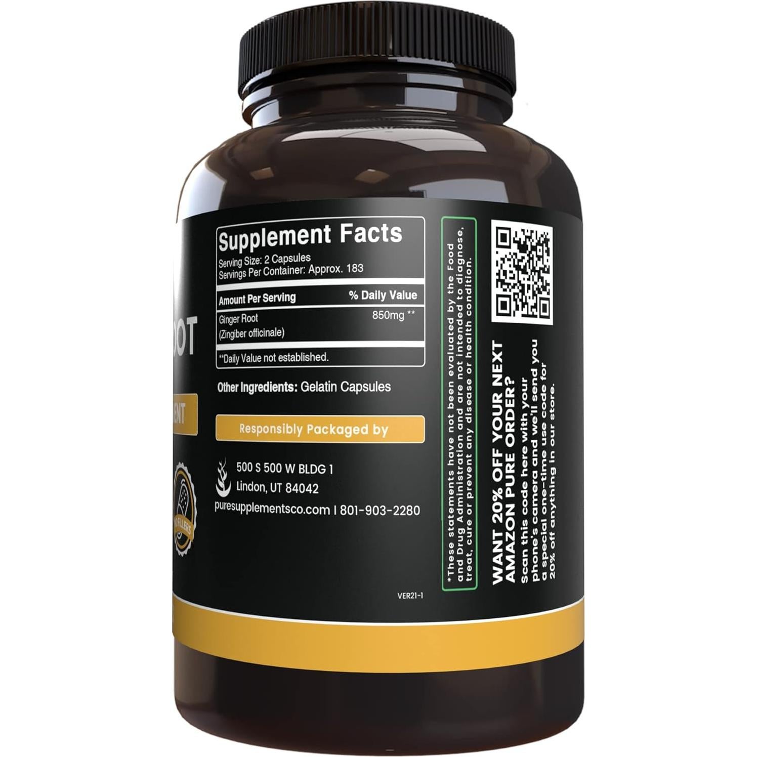 Cápsulas de Raíz de Jengibre Puras Ingredientes Originales 365 Unidades