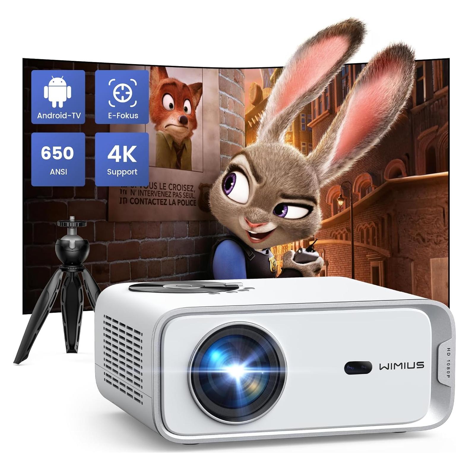【Electric Focus & Android TV】projector 4k with WiFi and Bluetooth,WiMiUS Full HD 1080P 650ANSI Home Theater Movie Projector 4k+, 4P/Auto Vertical Keystone 50% Zoom Portable Outdoor Projector