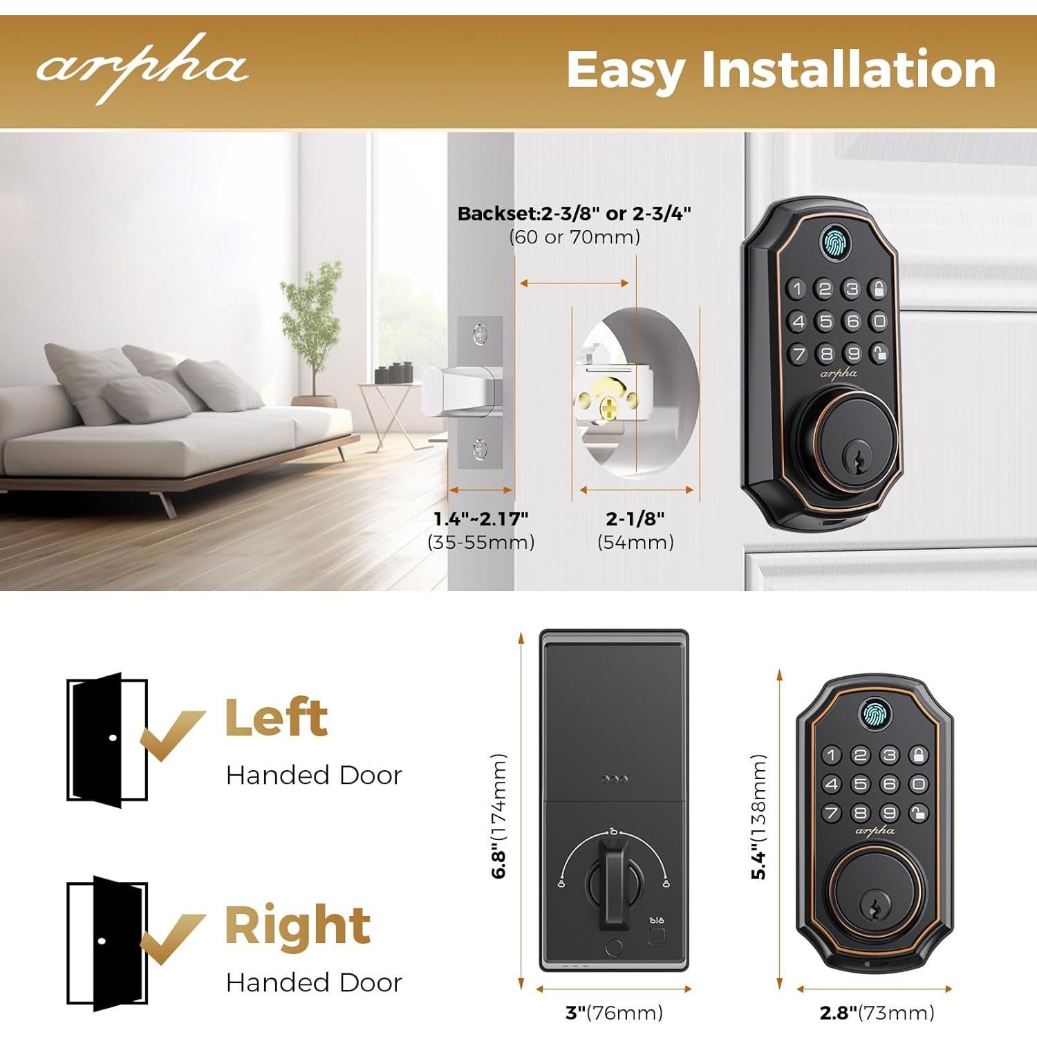 Cerradura Biométrica ARPHA D280 con Teclado y App Bluetooth