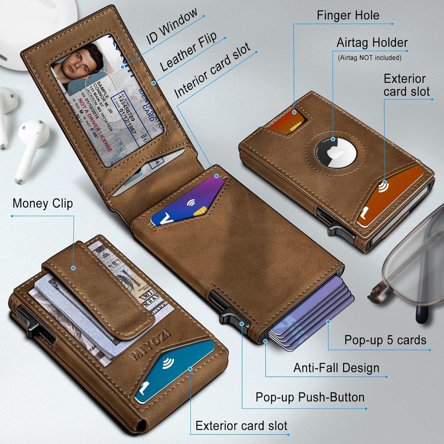 Billetera delgada para hombres con Airtag, bloqueo RFID y clip de cuero