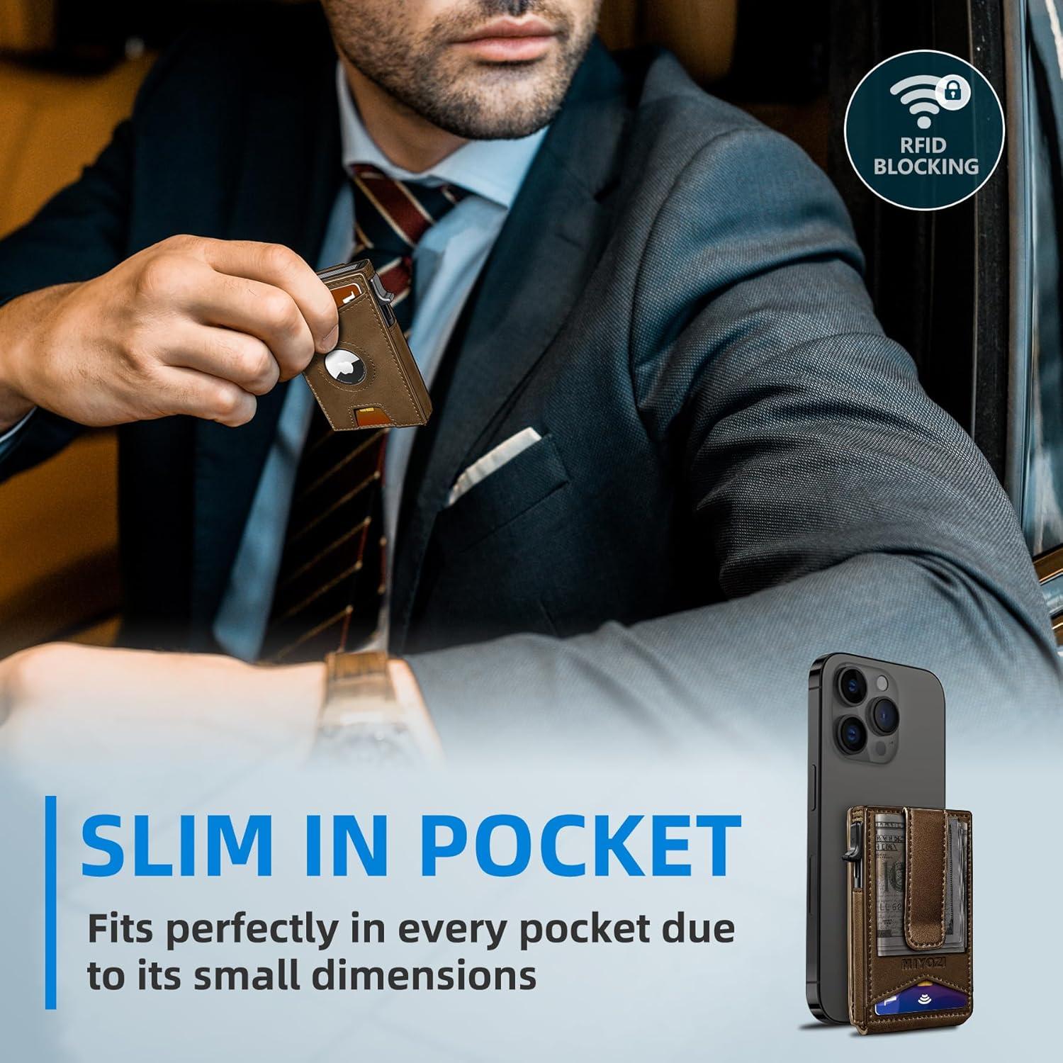 Billetera delgada para hombres con Airtag, bloqueo RFID y clip de cuero