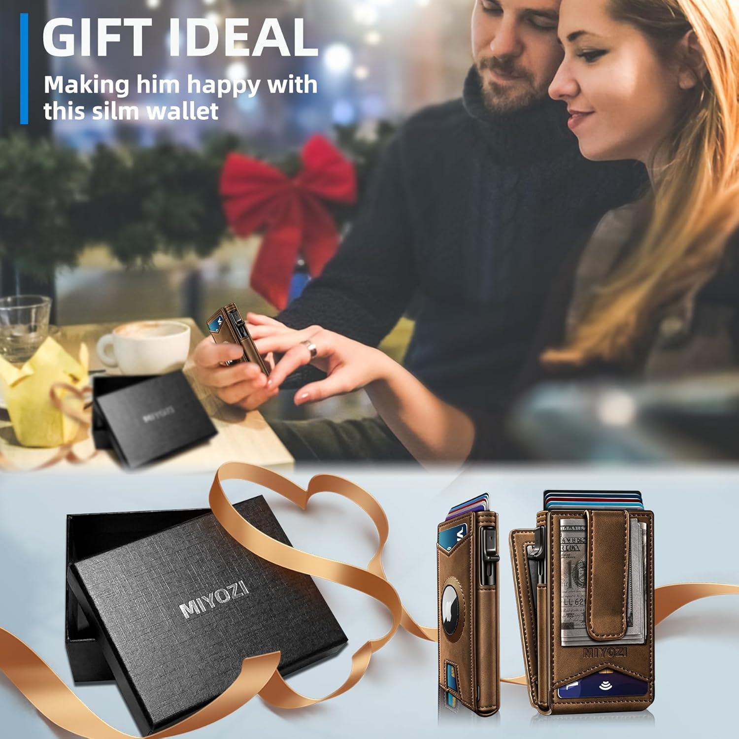 Billetera delgada para hombres con Airtag, bloqueo RFID y clip de cuero