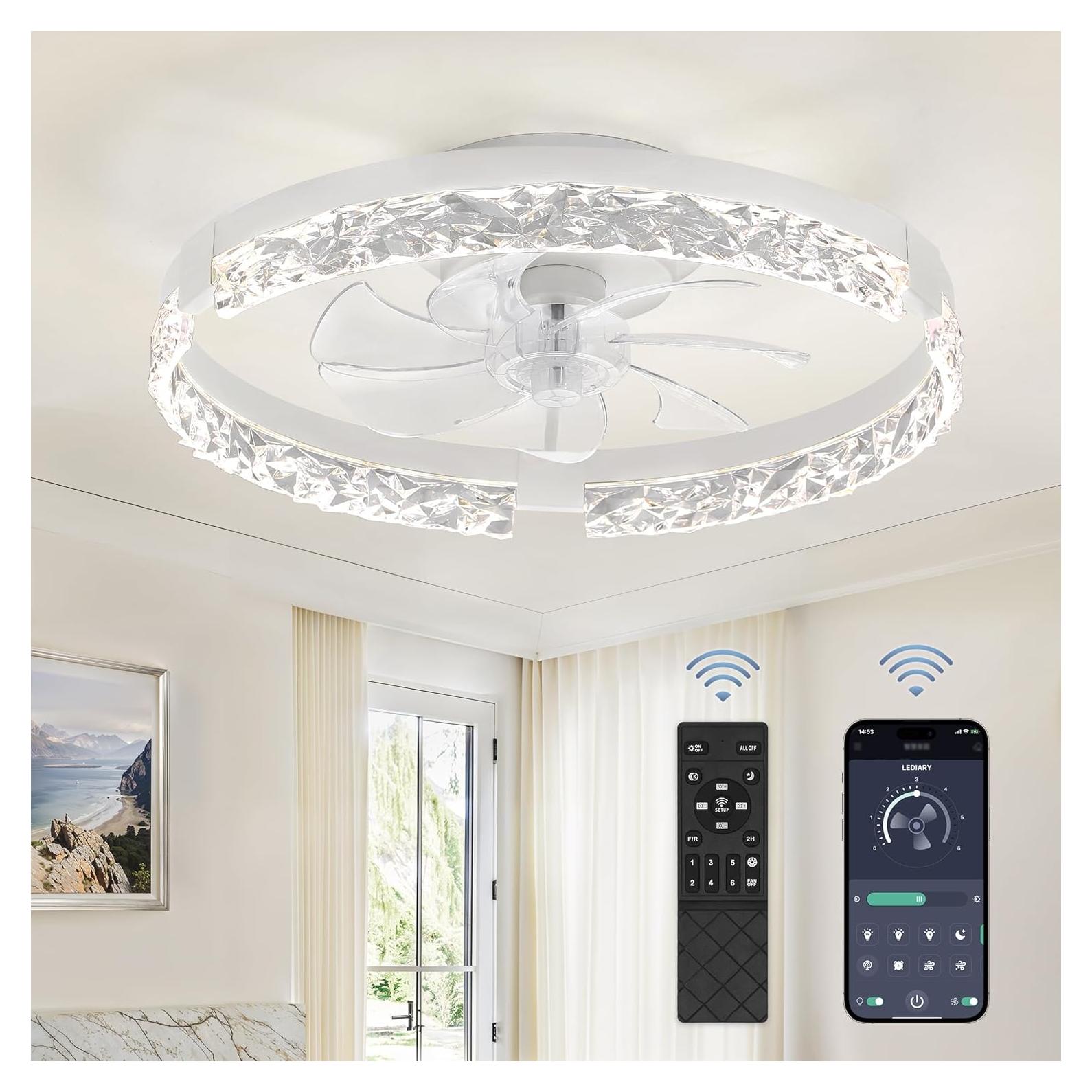 LEDIARY 20 Inch Low Profile Ceiling Fans with Lights and Remote, Fandelier Ceiling Fan Flush Mount, 3000K-6000K Dimmable LED Fan Light, White Modern Ceiling Fans with Lights for Bedroom