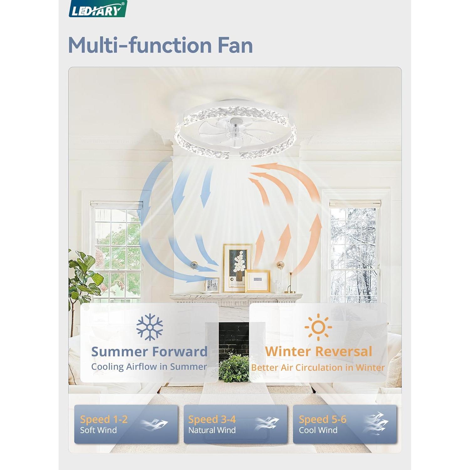 LEDIARY 20 Inch Low Profile Ceiling Fans with Lights and Remote, Fandelier Ceiling Fan Flush Mount, 3000K-6000K Dimmable LED Fan Light, White Modern Ceiling Fans with Lights for Bedroom