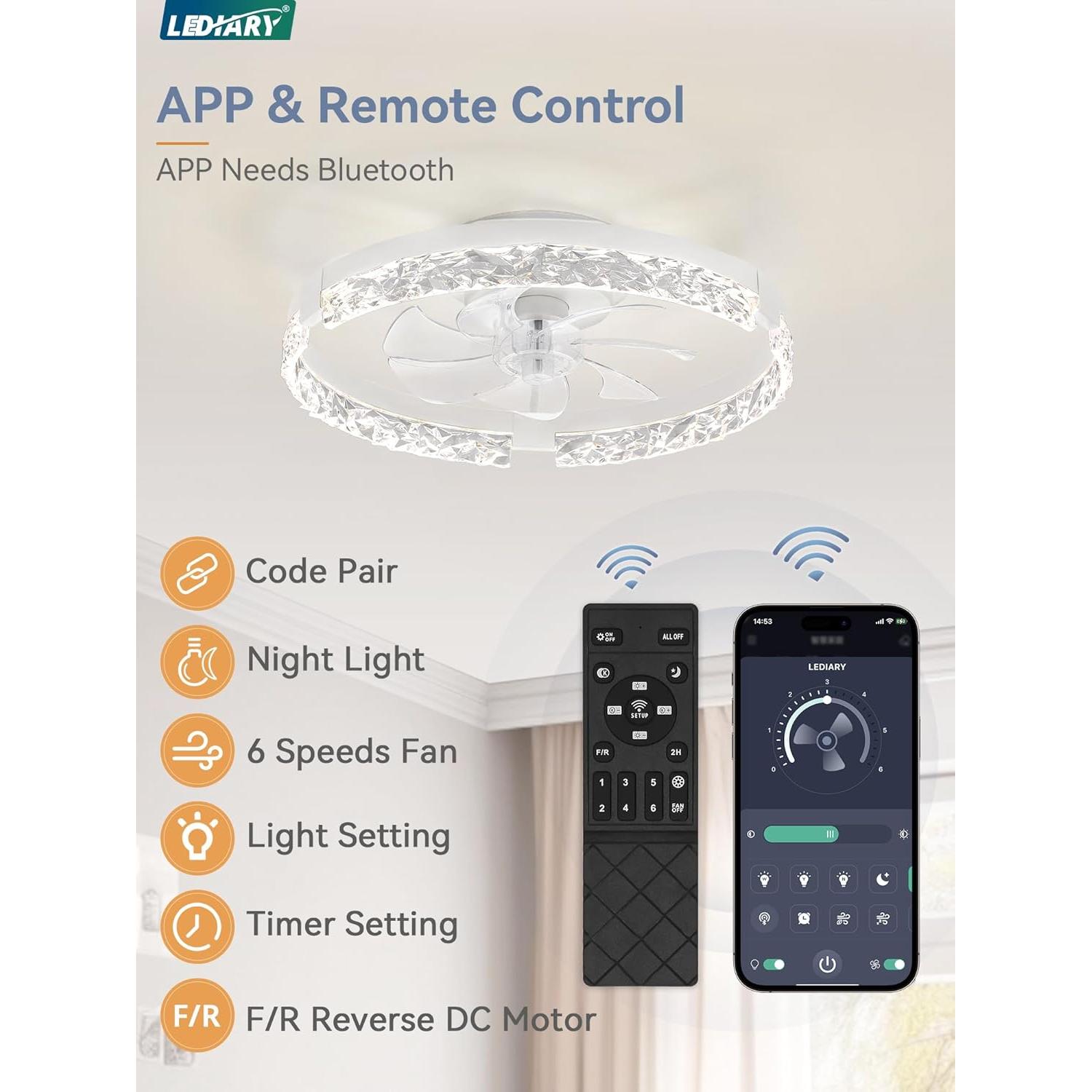 LEDIARY 20 Inch Low Profile Ceiling Fans with Lights and Remote, Fandelier Ceiling Fan Flush Mount, 3000K-6000K Dimmable LED Fan Light, White Modern Ceiling Fans with Lights for Bedroom