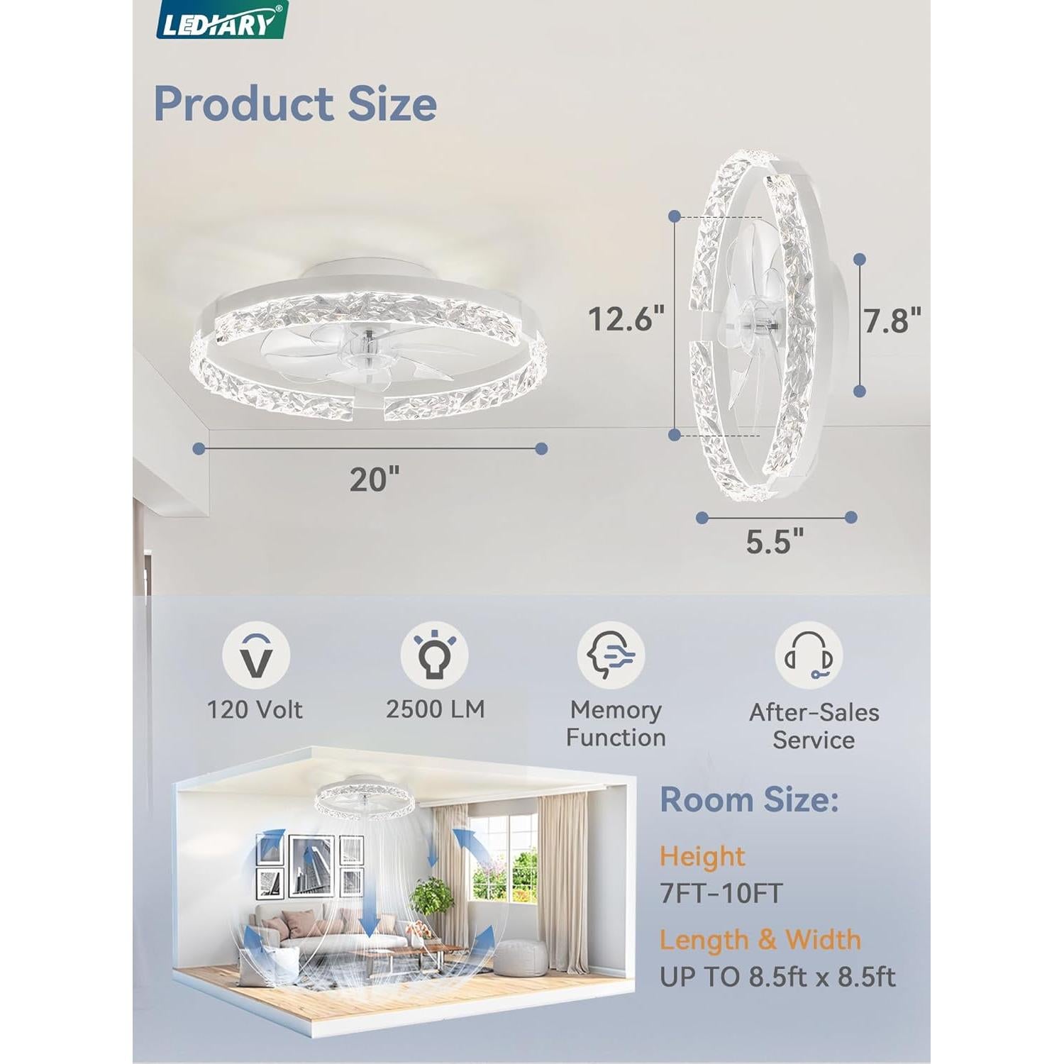 LEDIARY 20 Inch Low Profile Ceiling Fans with Lights and Remote, Fandelier Ceiling Fan Flush Mount, 3000K-6000K Dimmable LED Fan Light, White Modern Ceiling Fans with Lights for Bedroom