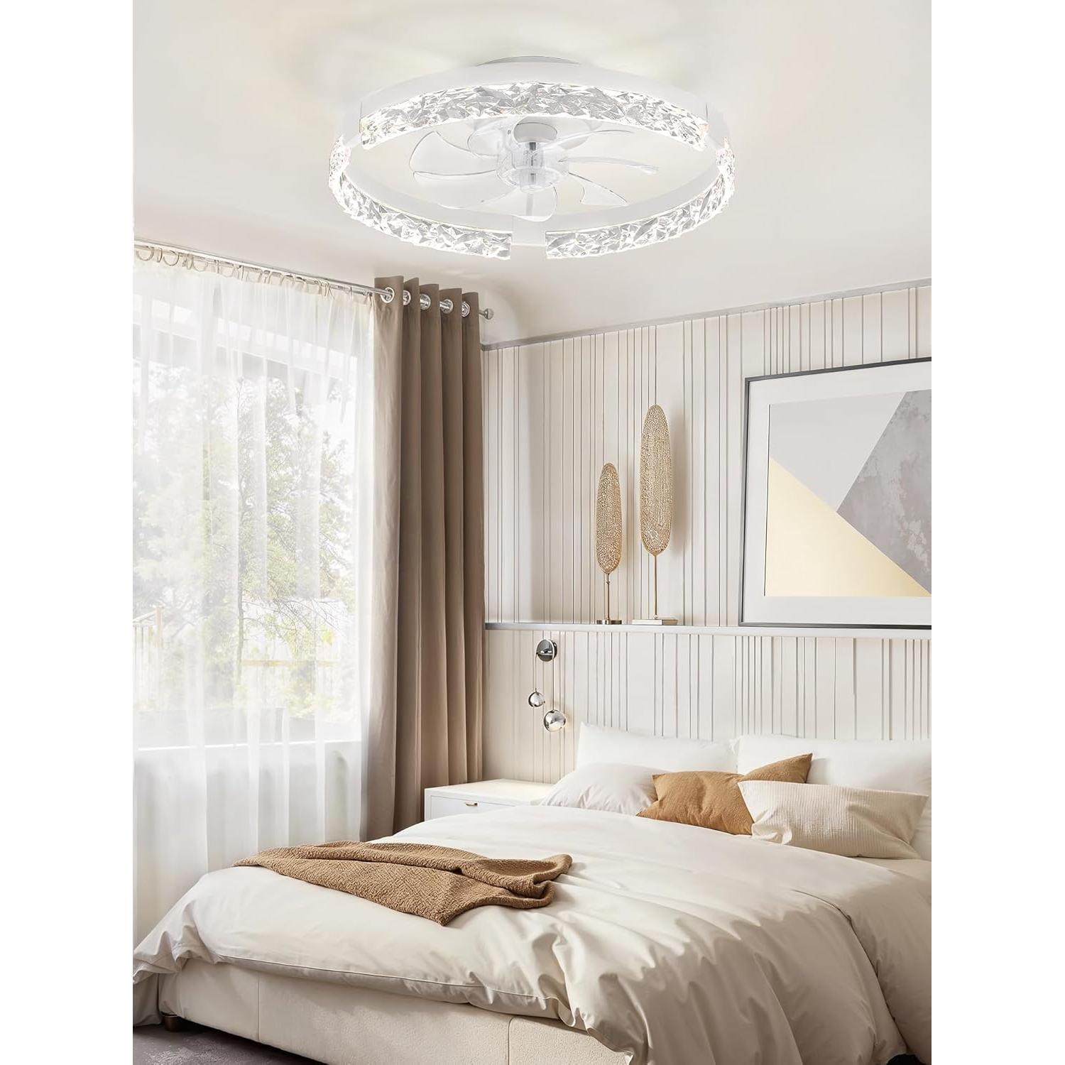 LEDIARY 20 Inch Low Profile Ceiling Fans with Lights and Remote, Fandelier Ceiling Fan Flush Mount, 3000K-6000K Dimmable LED Fan Light, White Modern Ceiling Fans with Lights for Bedroom