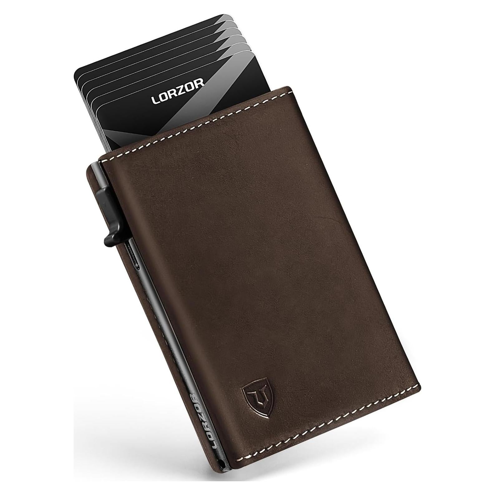 Billetera LORZOR Minimalista de Cuero con Bloqueo RFID - Marrón/Gris