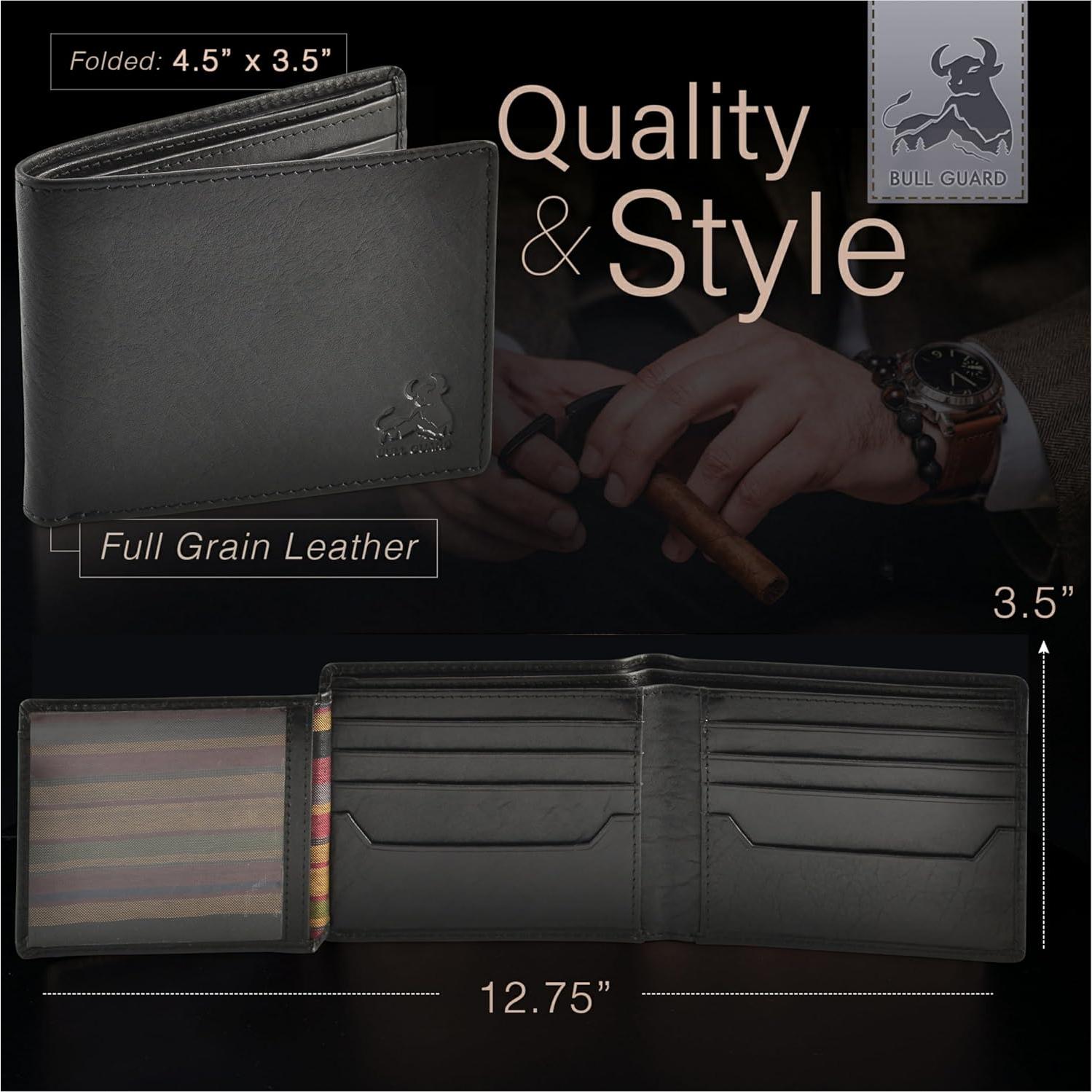 Billetera Bifold de Cuero Bull Guard con Bloqueo RFID - Negro