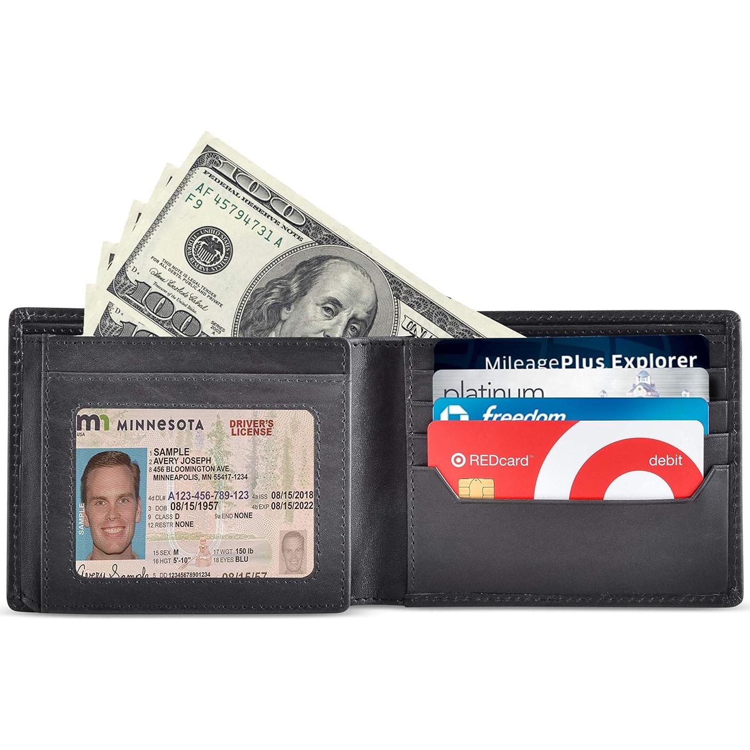 Billetera Bifold de Cuero Bull Guard con Bloqueo RFID - Negro