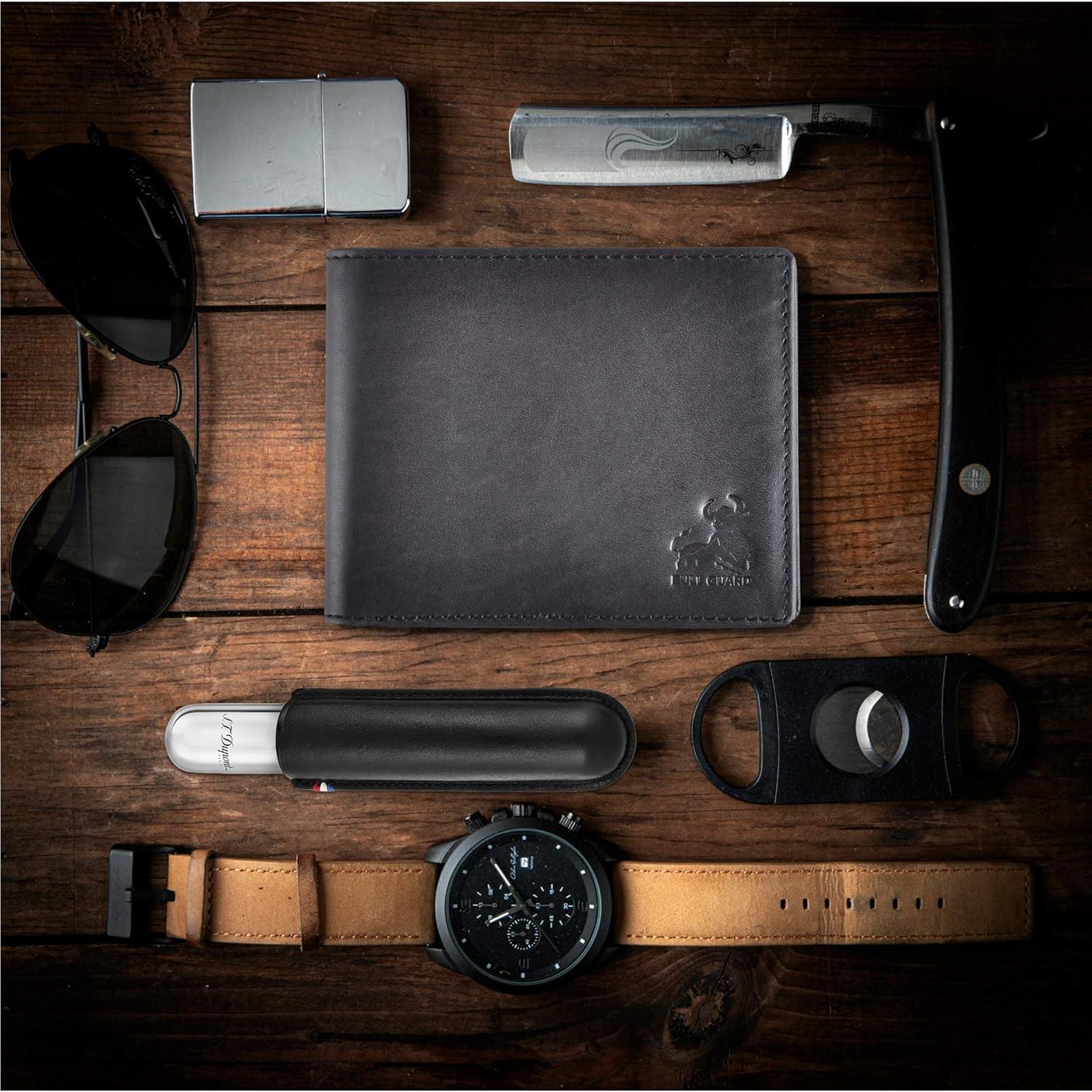 Billetera Bifold de Cuero Bull Guard con Bloqueo RFID - Negro