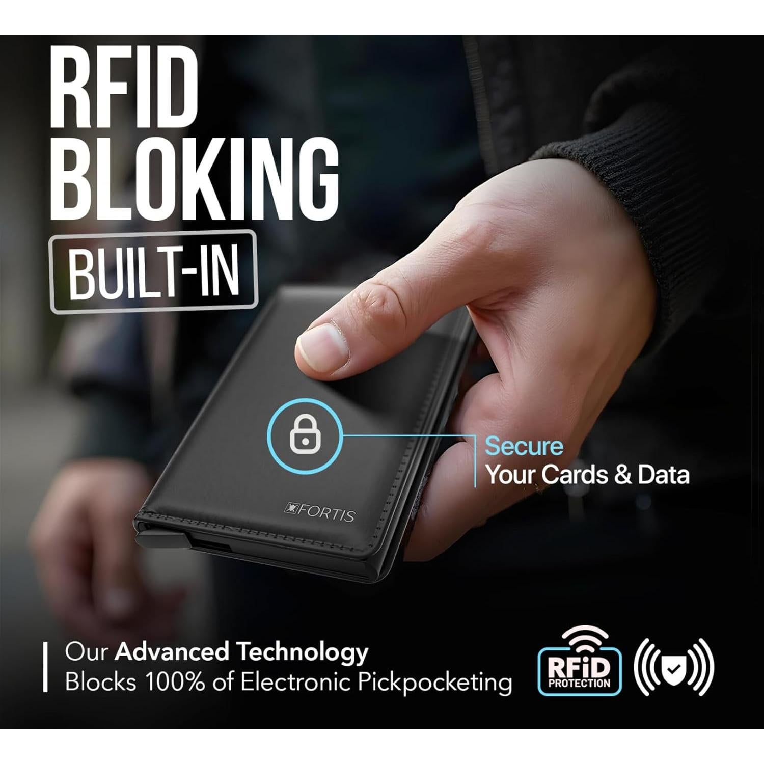 Cartera Minimalista FORTIS Negra con Protección RFID para Hombres