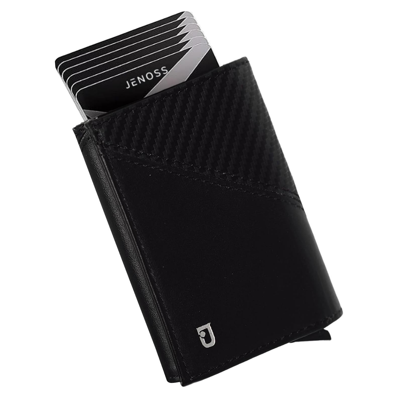 Billetera Inteligente Jenoss Eclipse para Hombres - Cuero Saffiano, RFID, 12 Tarjetas, Negro Carbón