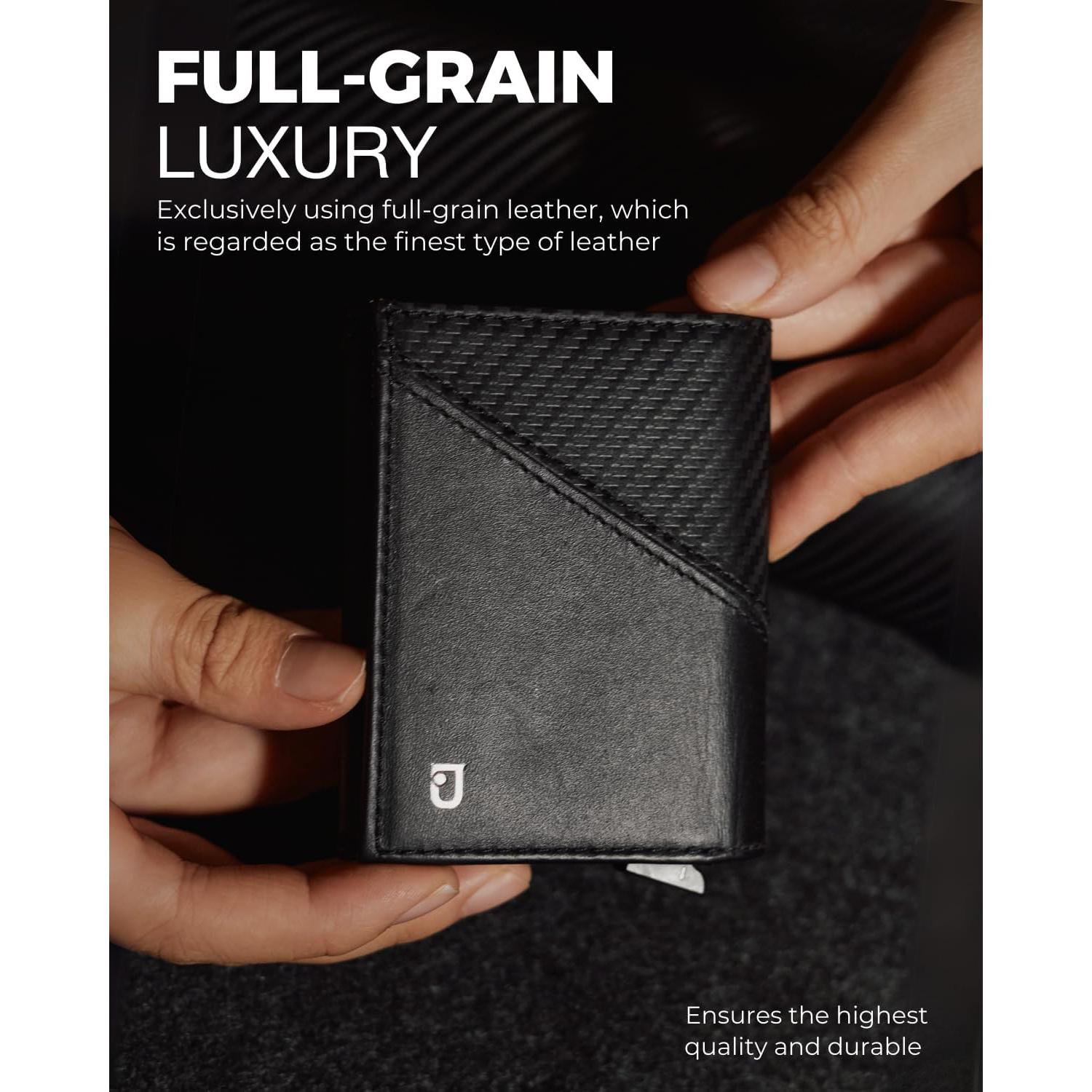 Billetera Inteligente Jenoss Eclipse para Hombres - Cuero Saffiano, RFID, 12 Tarjetas, Negro Carbón