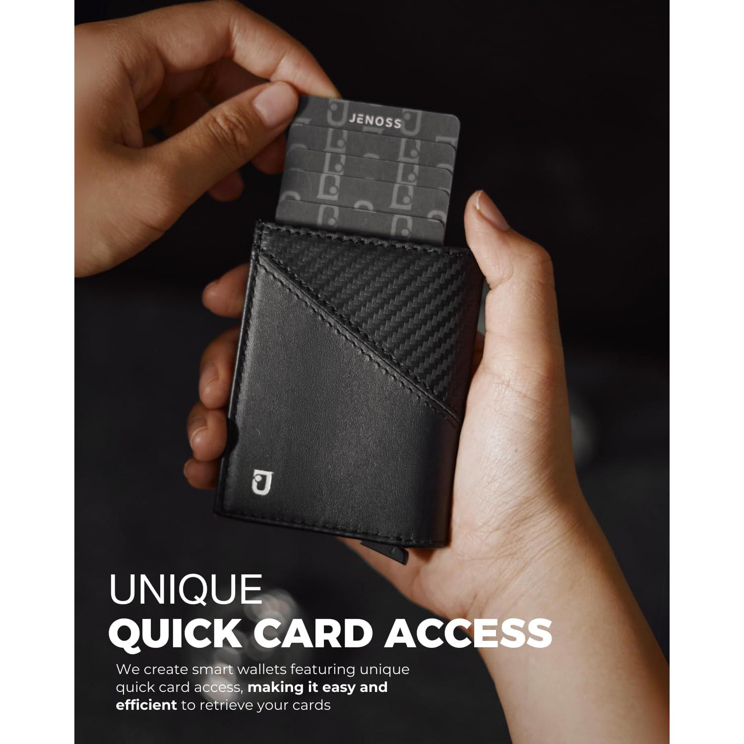 Billetera Inteligente Jenoss Eclipse para Hombres - Cuero Saffiano, RFID, 12 Tarjetas, Negro Carbón