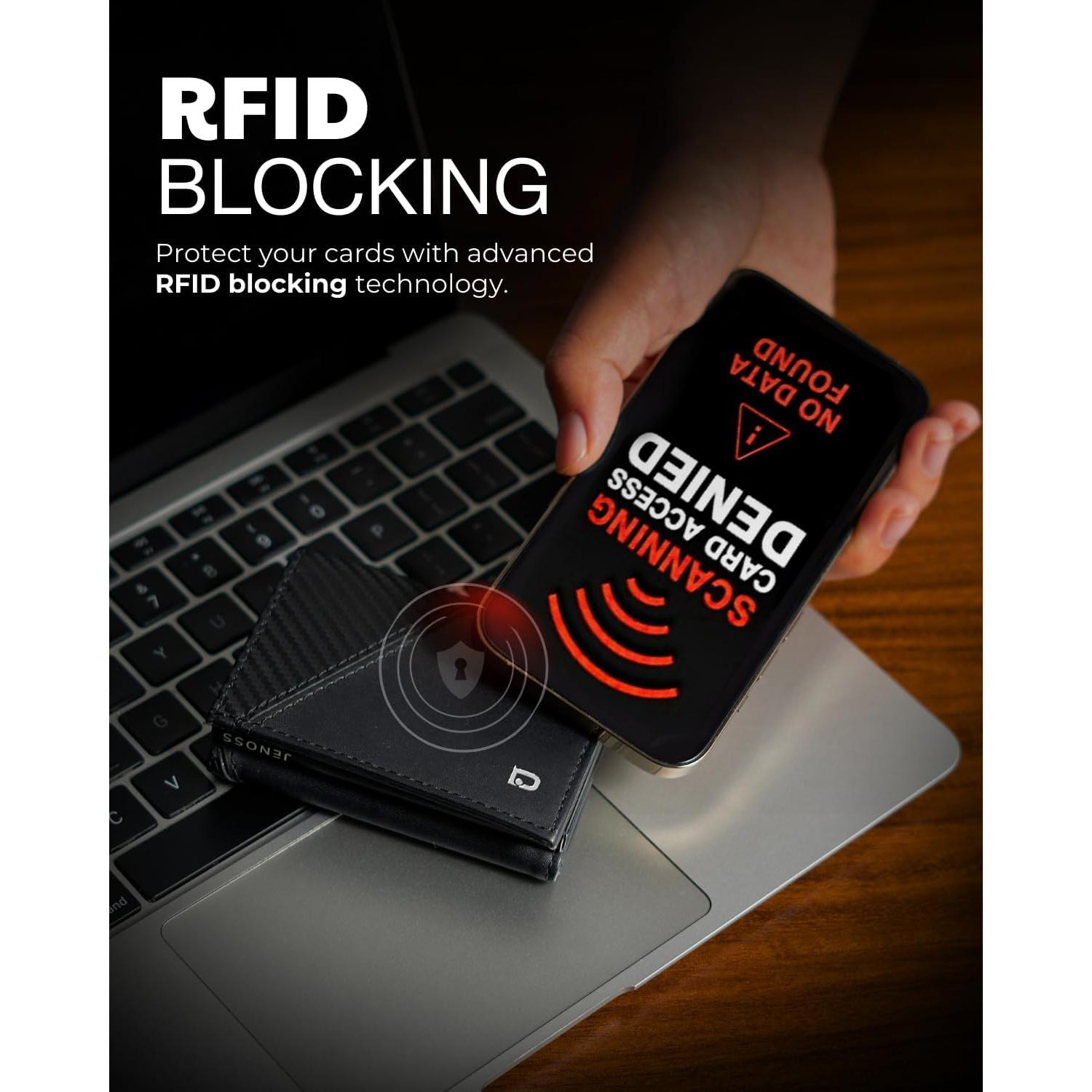 Billetera Inteligente Jenoss Eclipse para Hombres - Cuero Saffiano, RFID, 12 Tarjetas, Negro Carbón