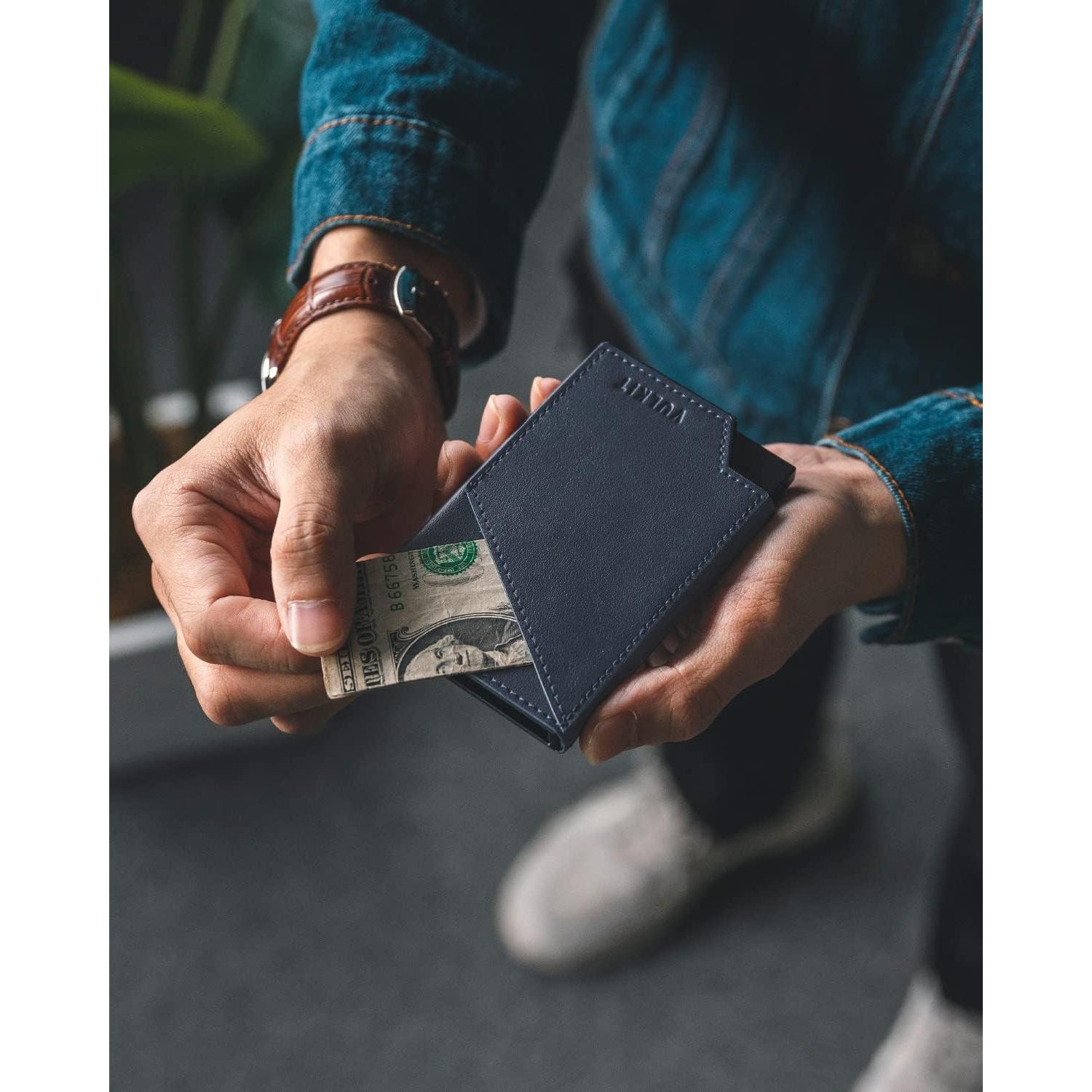 Tarjetero Plegable VULKIT Slim Aluminio Bloqueo RFID Marino