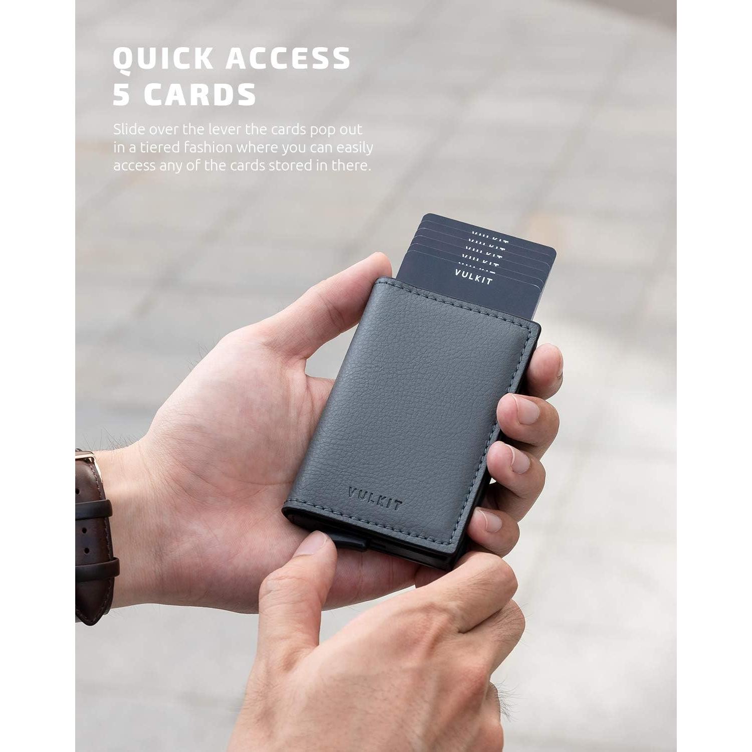 Tarjetero de Crédito VULKIT con Bloqueo RFID de Cuero - Gris