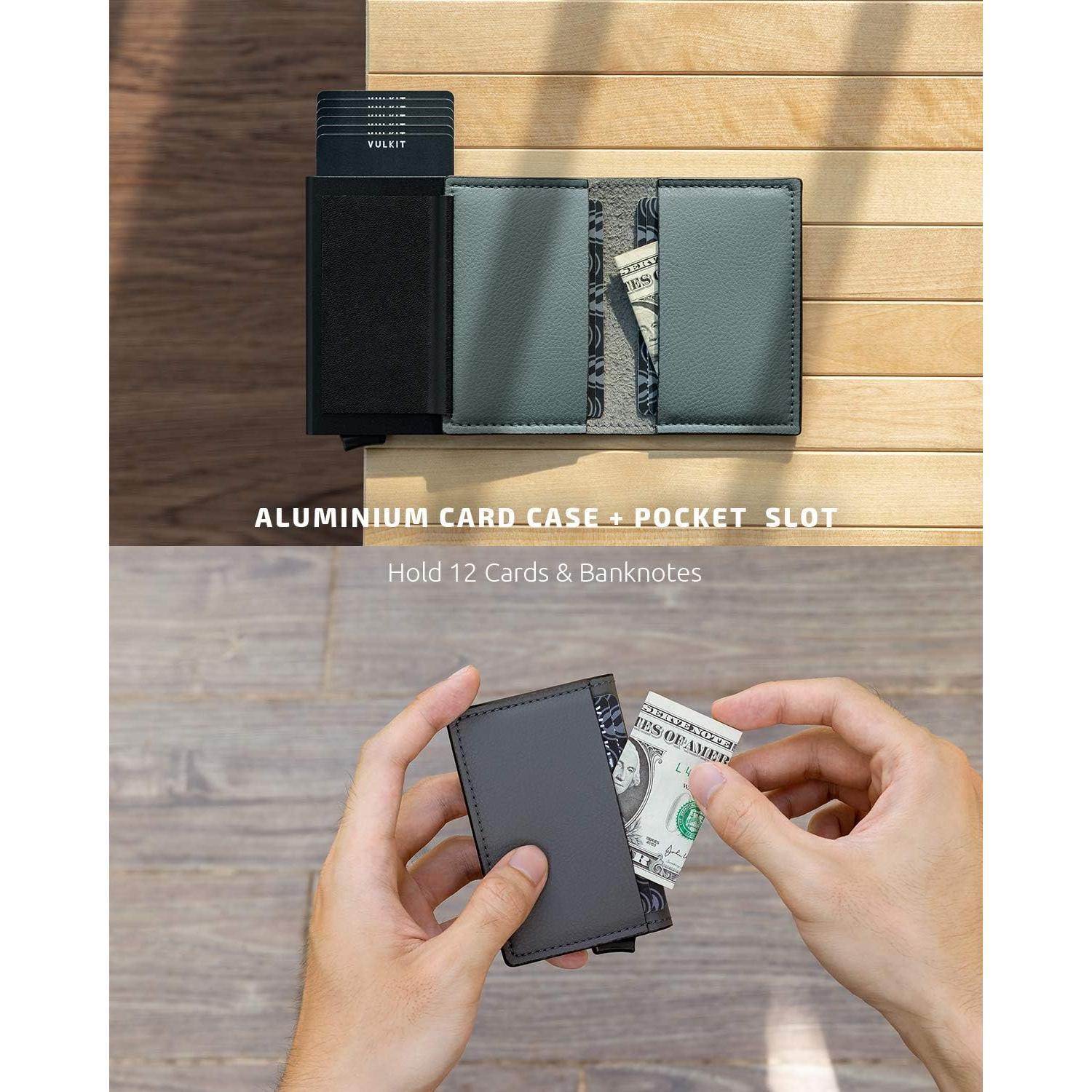 Tarjetero de Crédito VULKIT con Bloqueo RFID de Cuero - Gris