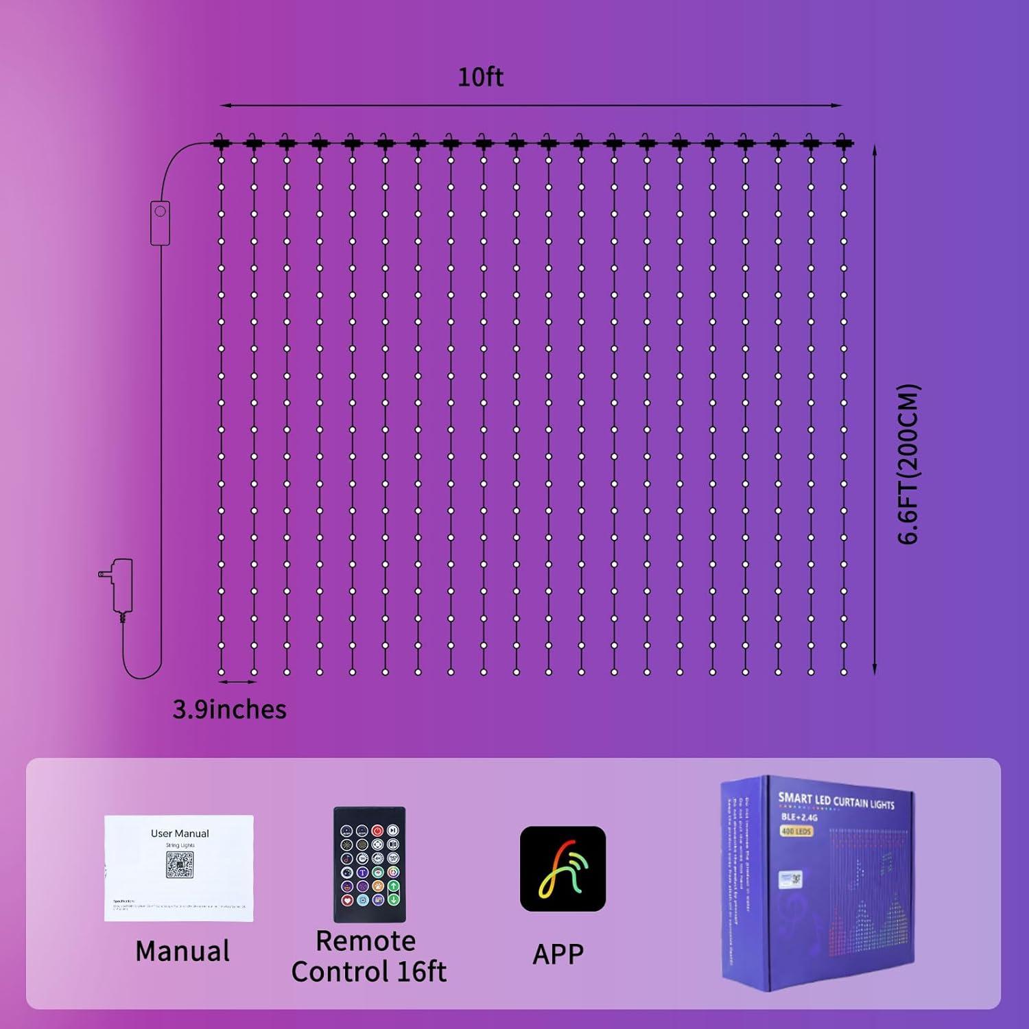 Luces de Cortina Inteligentes 400 LED 1.98x1.98m con APP