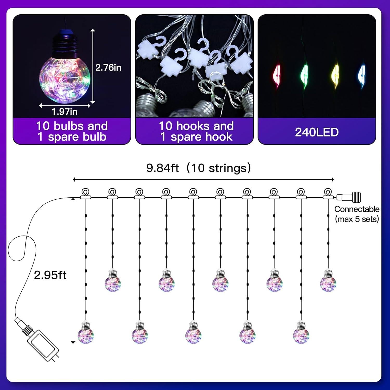 Luces de Cortina Multicolor LitHome 240 LED 3x0.9m Control Remoto