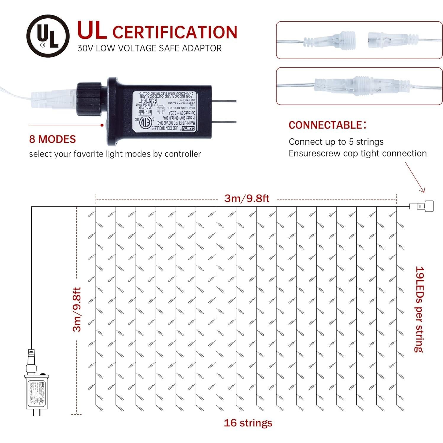 Luces de Cortina LED Oopswow 304L 3m x 3m 8 Modos Blancas