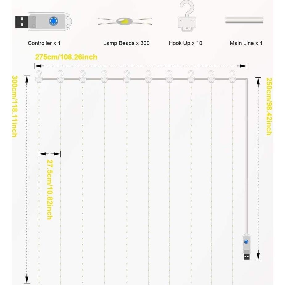 Luces de Cortina LED Comtelek Multicolor USB 8 Modos con Control Remoto