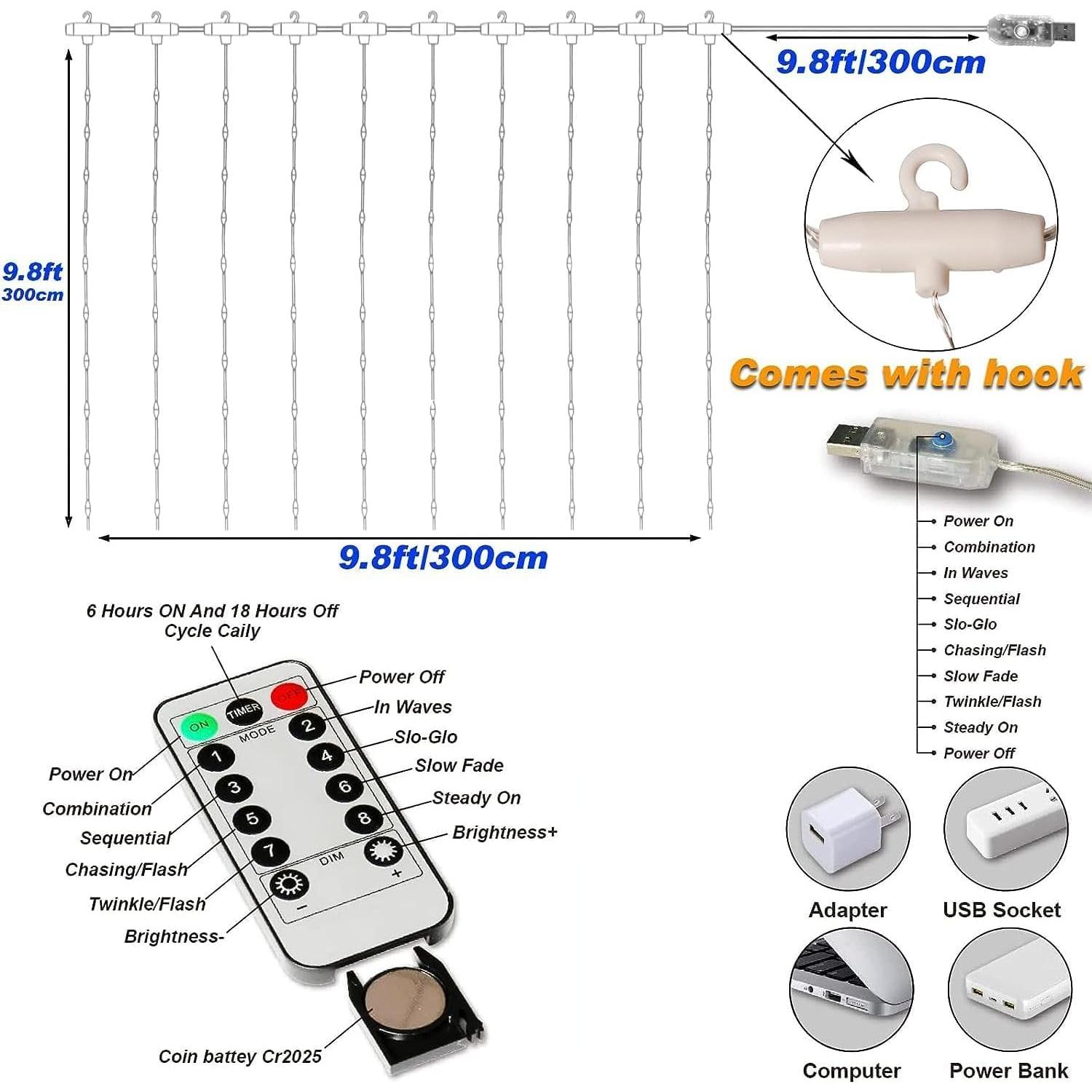 Luces de Cortina de Hadas Jezoll 300 LED 2.99x2.99m USB Blanco Cálido