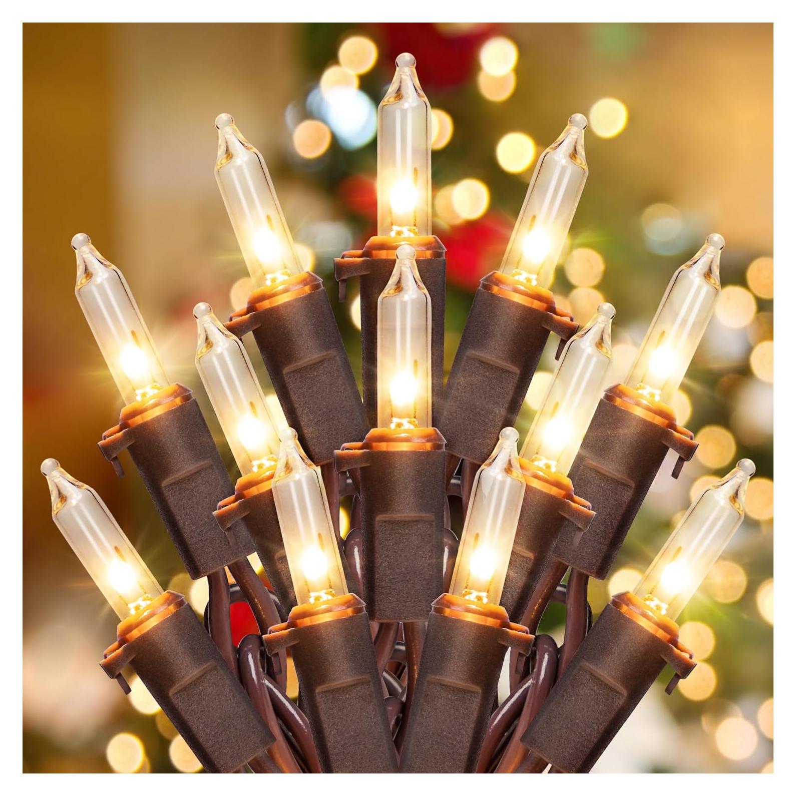 YOUNGAR 13FT 50 Clear Christmas Lights Outdoor, UL Approved Christmas Tree Lights with Brown Wire, Incandescent Mini Light Plug in for Indoor Outdoor Tree Patio Garden Xmas Decor