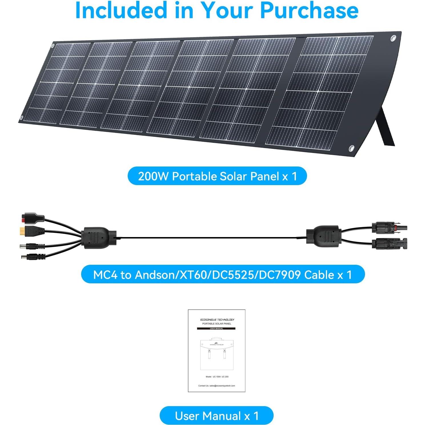 Panel Solar Portátil Ecosonique 200W Plegable y Ligero USB-C