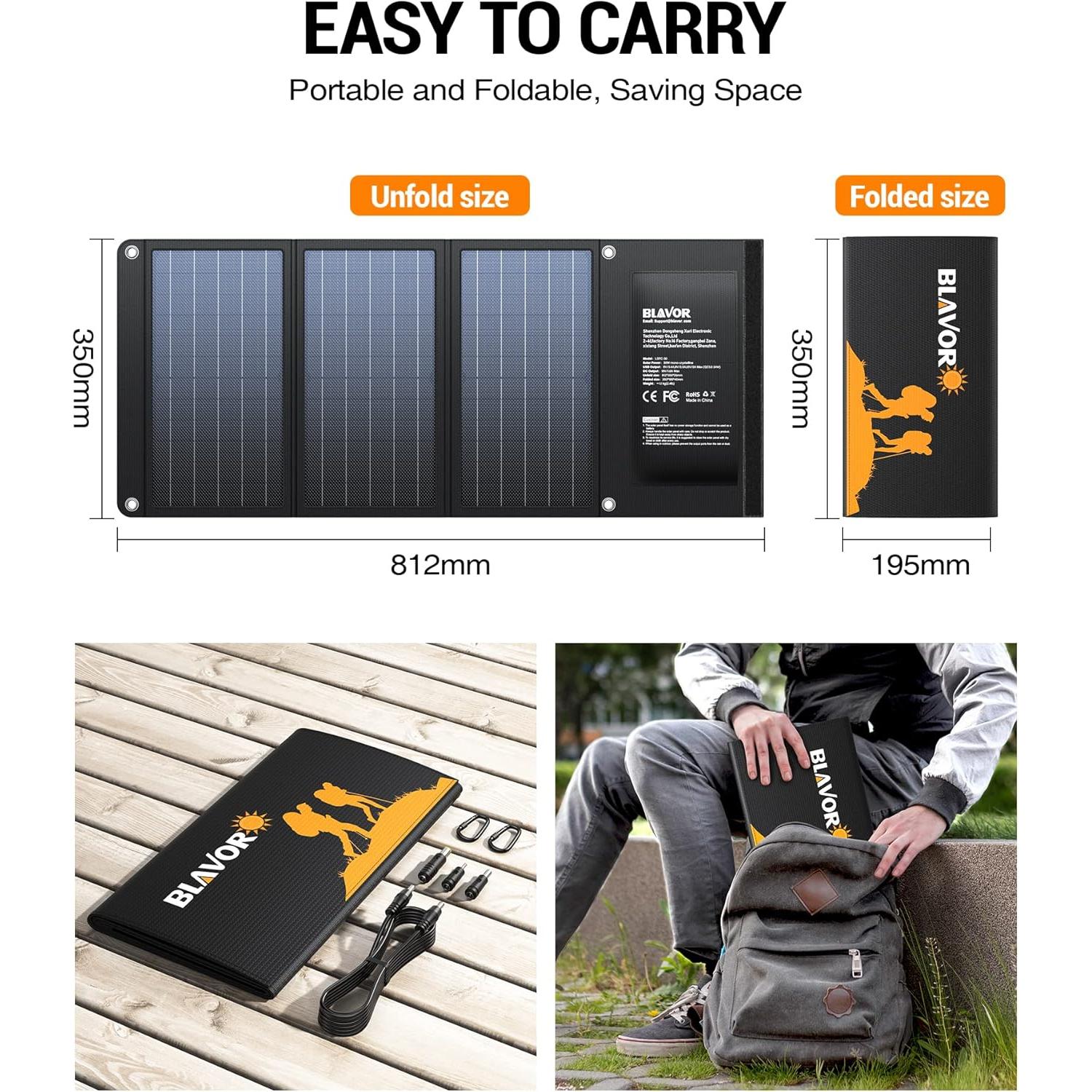 Cargador Solar BLAVOR 30W Plegable USB-C QC3.0 Impermeable
