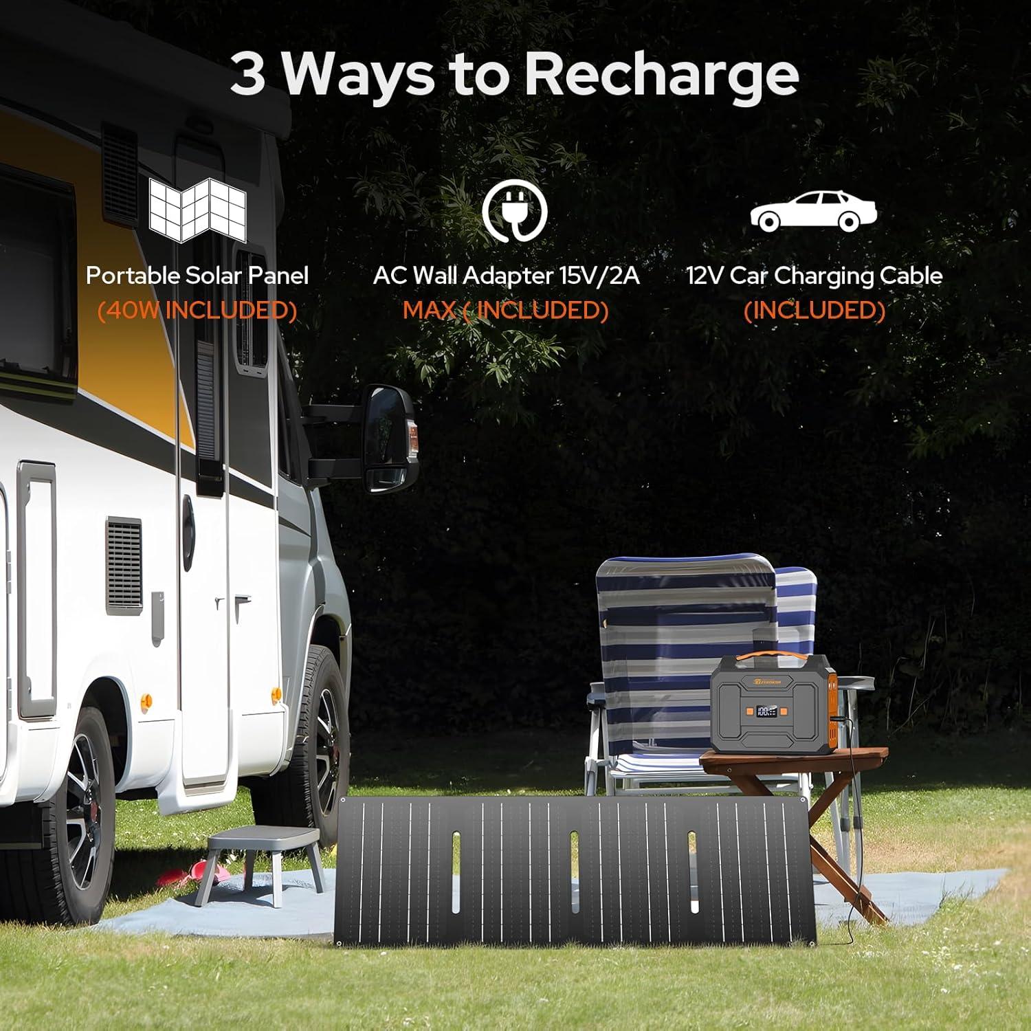 Generador Solar Portátil ZeroKor 300W con Panel 40W para Camping