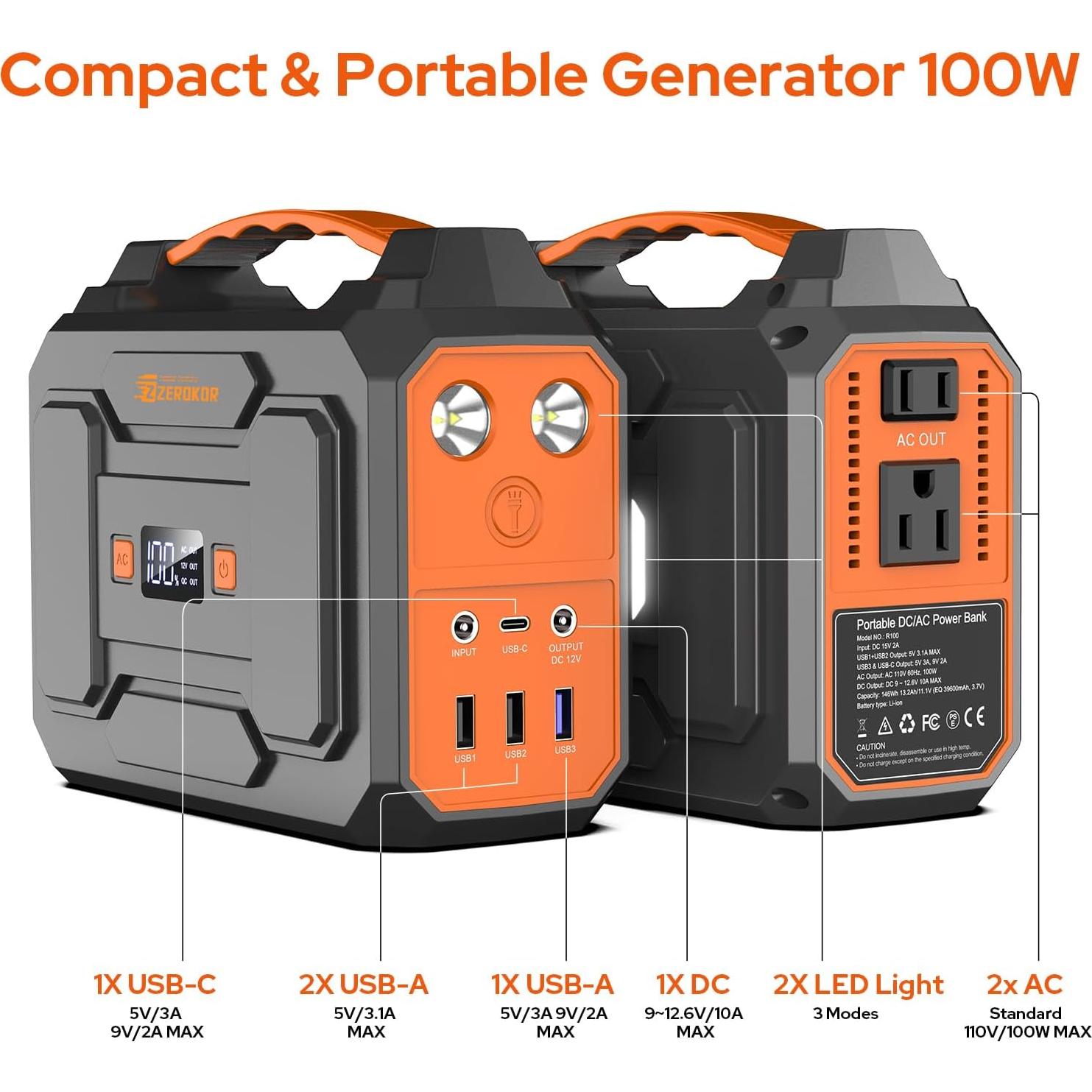 Generador Solar Portátil ZeroKor 300W con Panel 40W para Camping