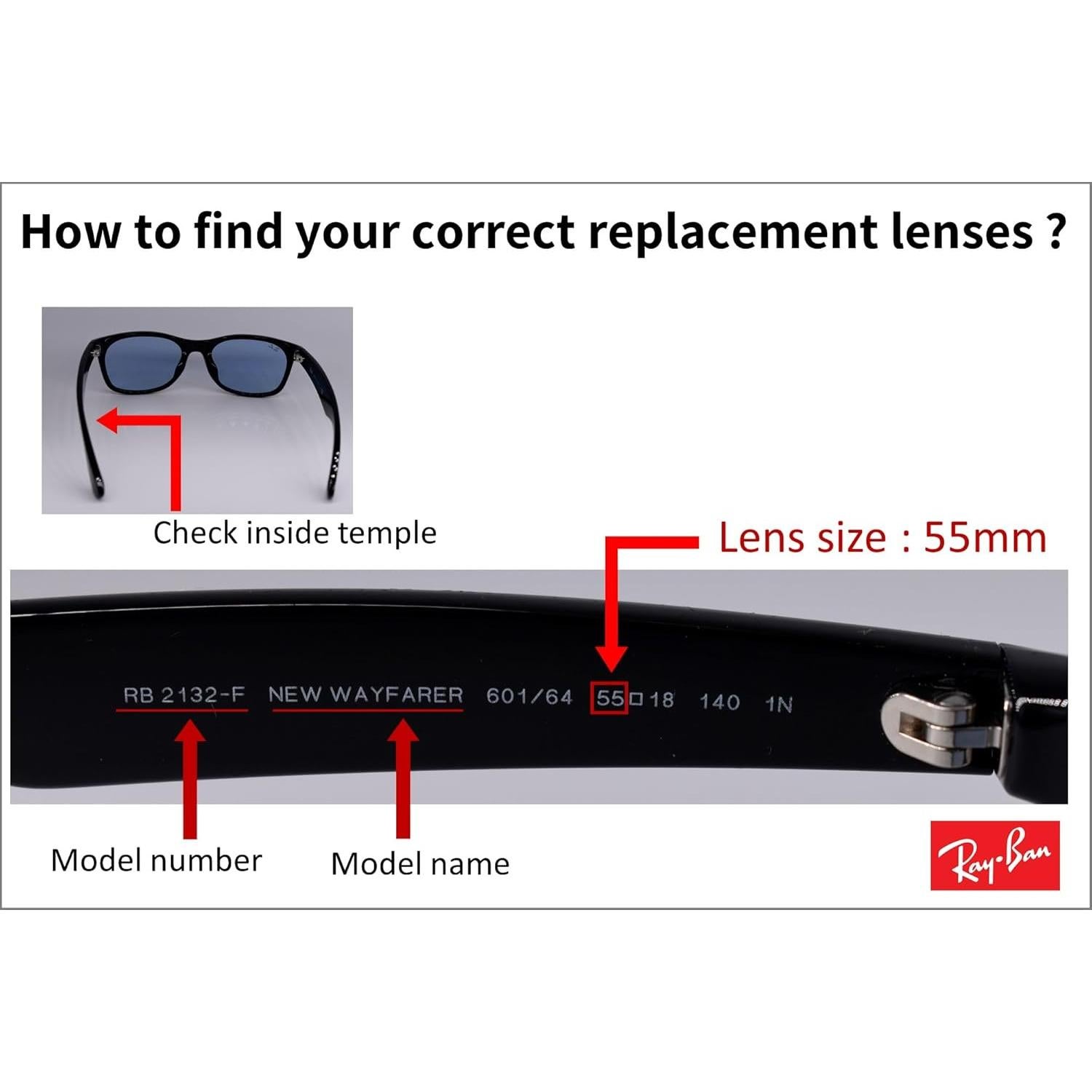 Lentes de Reemplazo Polarizados Rayban New Wayfarer 55mm