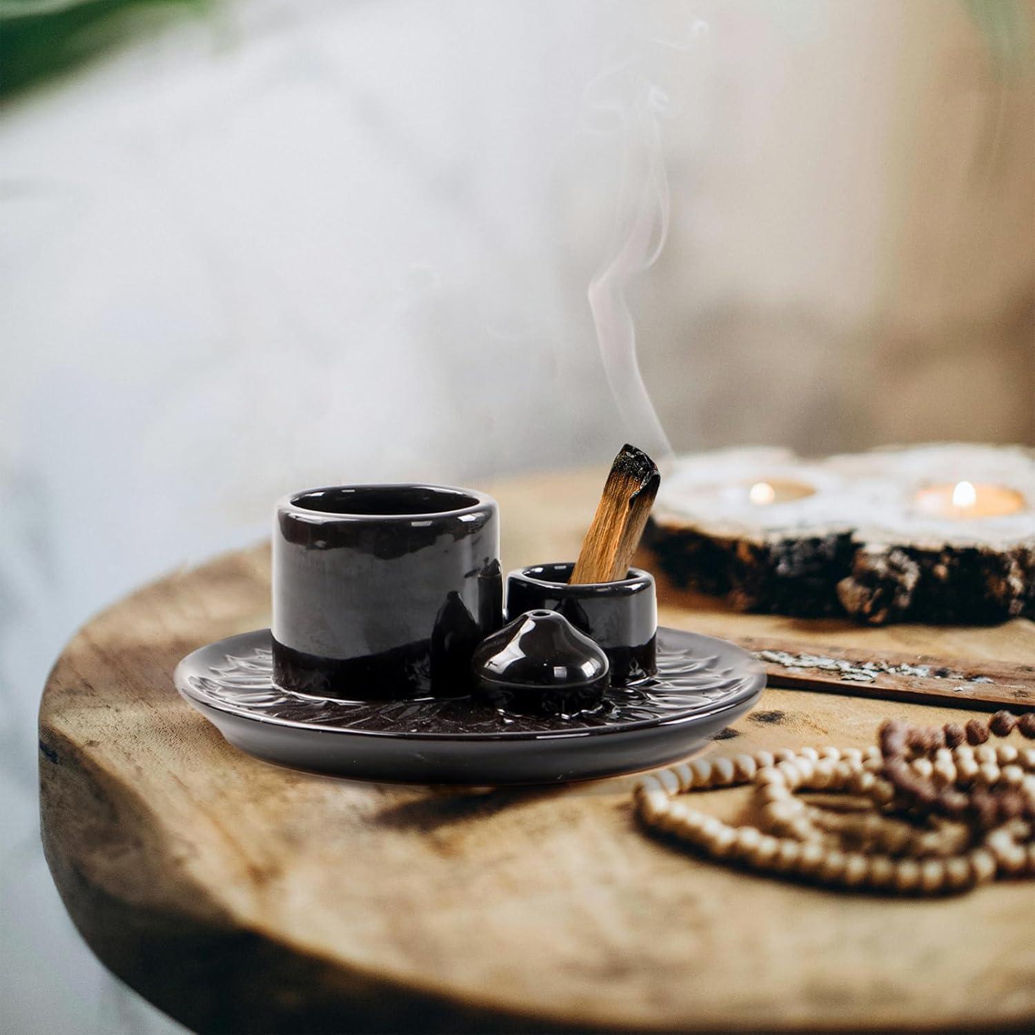 Soporte de Incienso Cerámica Meltset M Negro 4 en 1 para Meditación