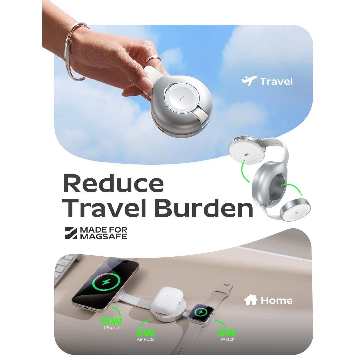 Cargador Inalámbrico 3 en 1 LISEN Qi2 15W para iPhone 16