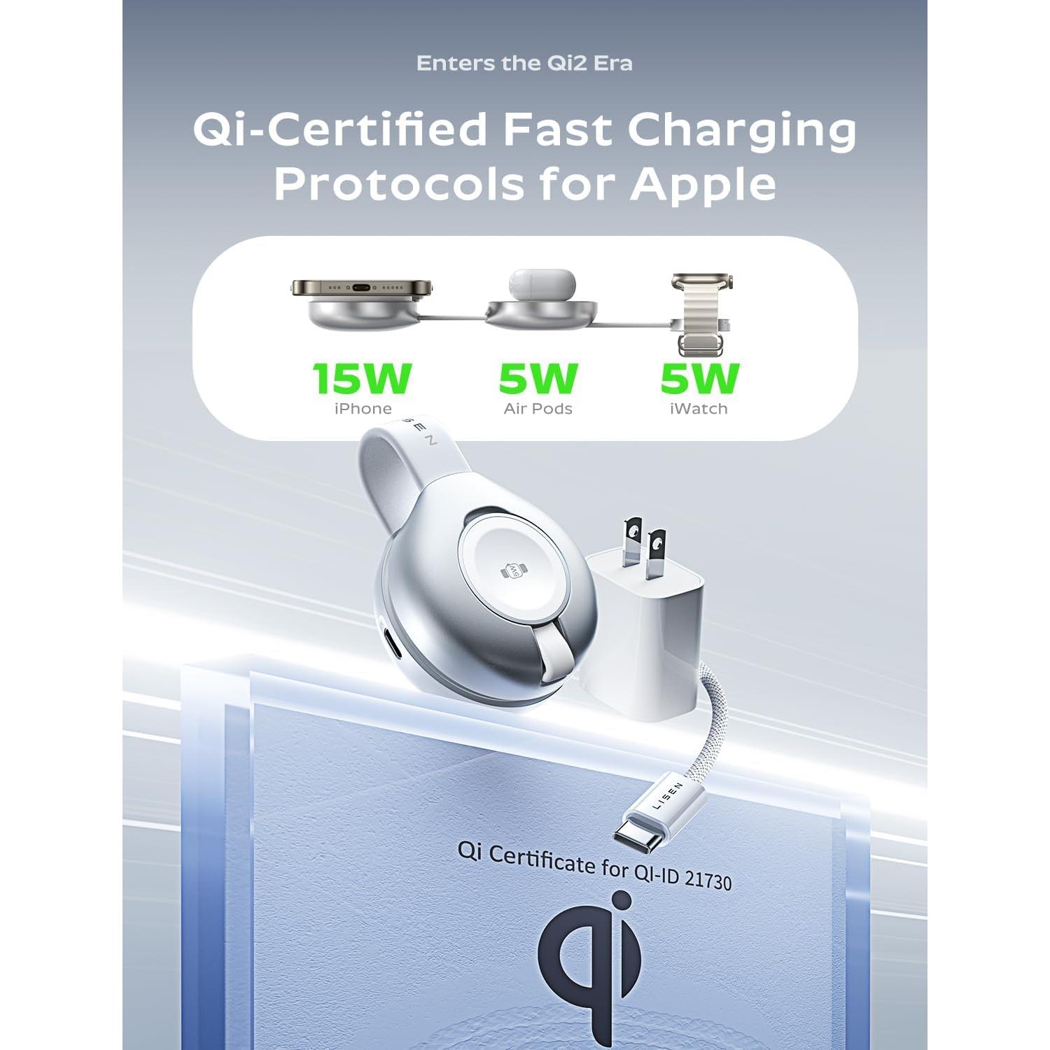 Cargador Inalámbrico 3 en 1 LISEN Qi2 15W para iPhone 16