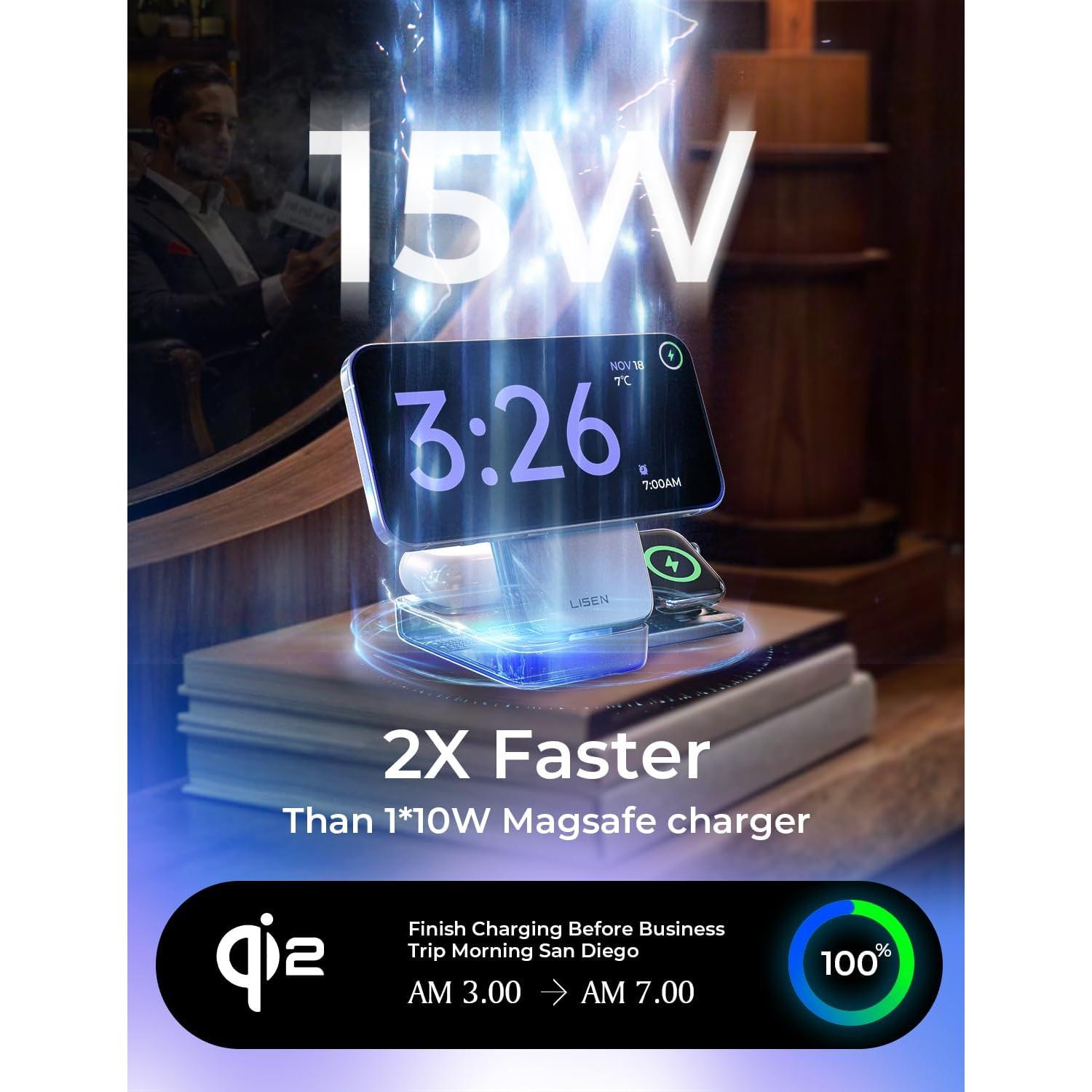 Cargador Inalámbrico 3 en 1 LISEN para iPhone 16, 15W Qi2