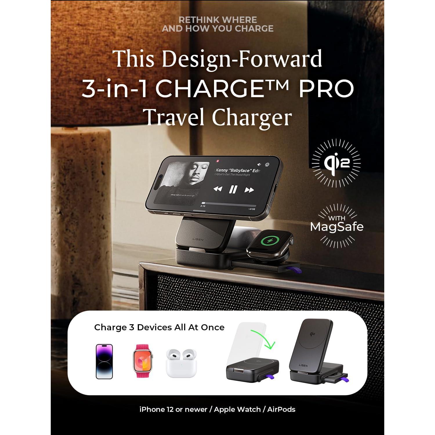 Cargador Inalámbrico 3 en 1 LISEN para iPhone 16, 15W Qi2