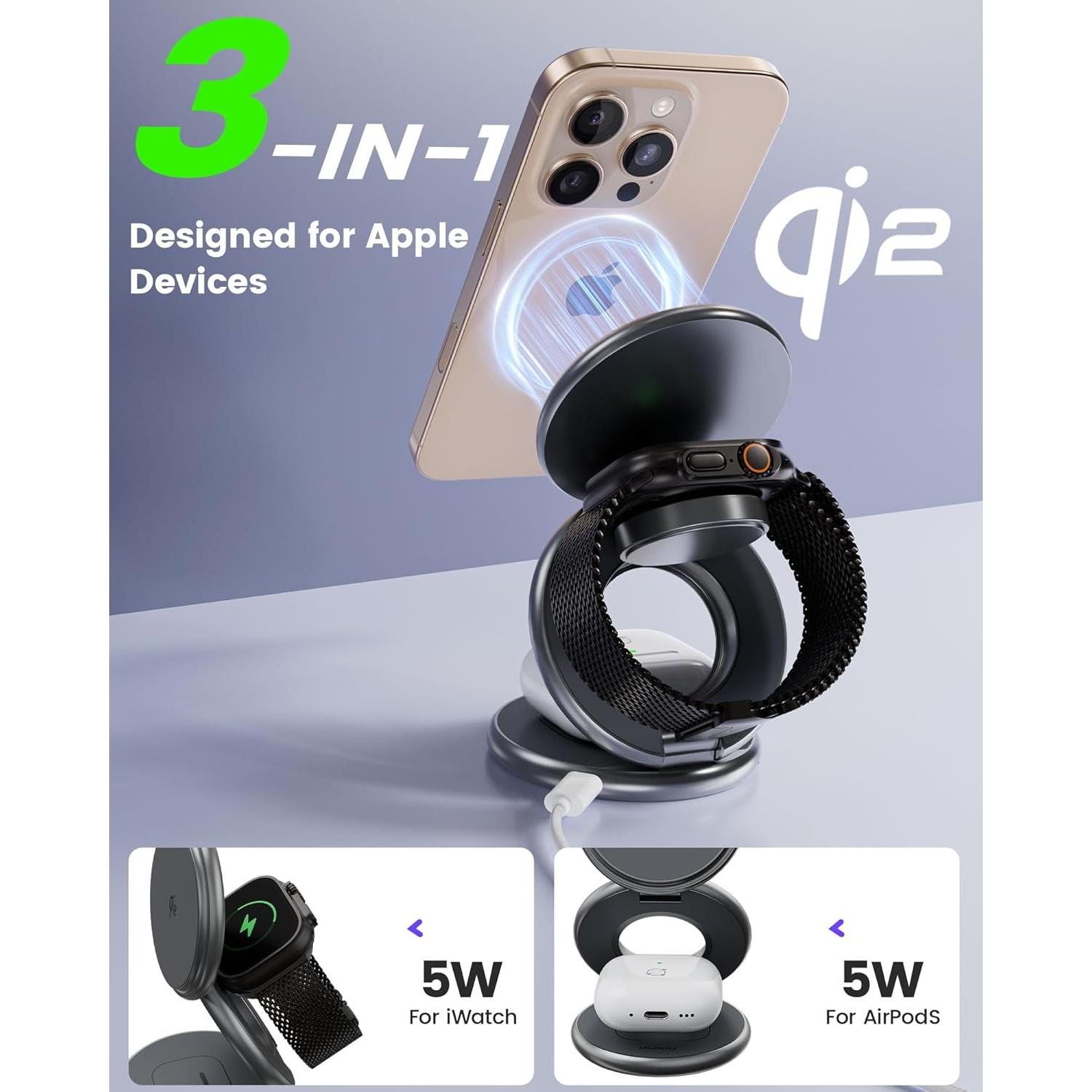 Estación de Carga Inalámbrica 3 en 1 KUXIU X63Q 15W Qi2 Gris