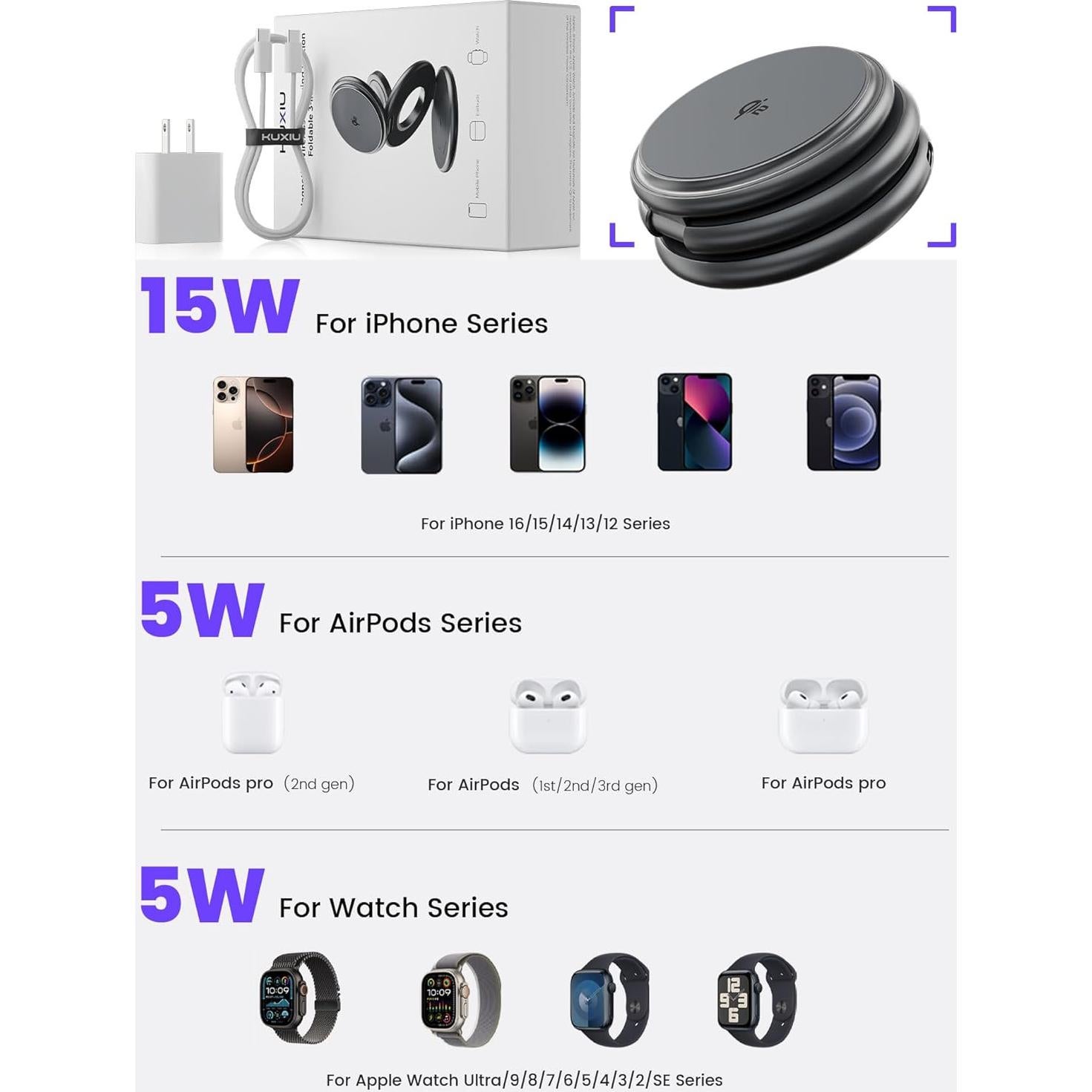 Estación de Carga Inalámbrica 3 en 1 KUXIU X63Q 15W Qi2 Gris