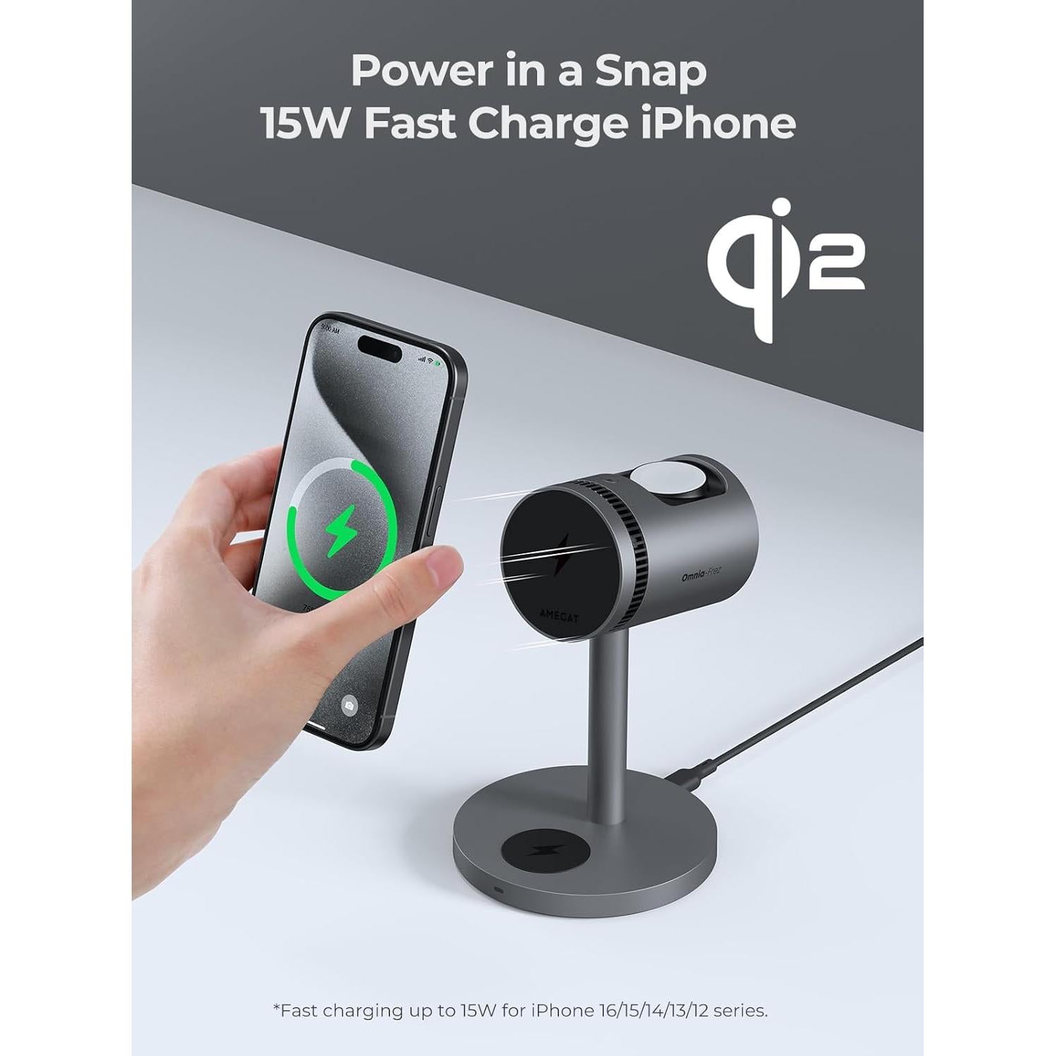 Estación de Carga 3 en 1 AMEGAT con Enfriamiento 15W Qi2