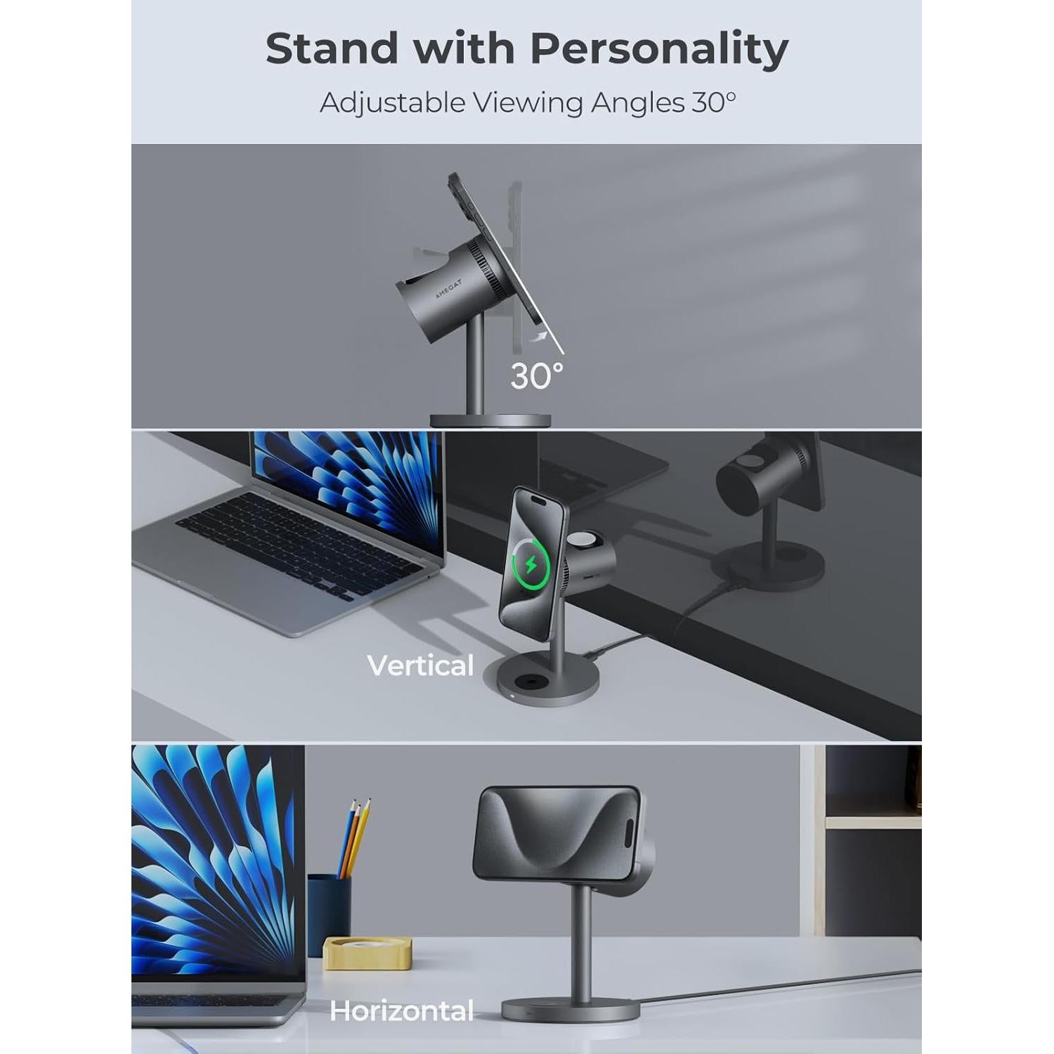 Estación de Carga 3 en 1 AMEGAT con Enfriamiento 15W Qi2