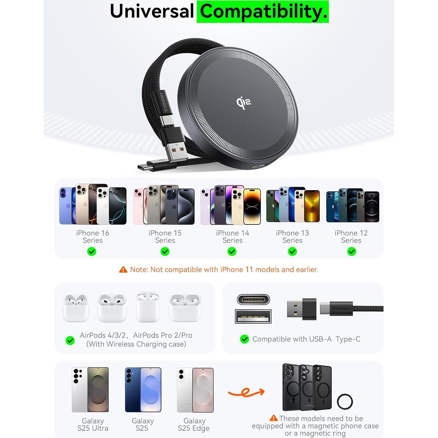 Cargador Inalámbrico Qi2 THREEKEY 15W Magnético para iPhone 16-12