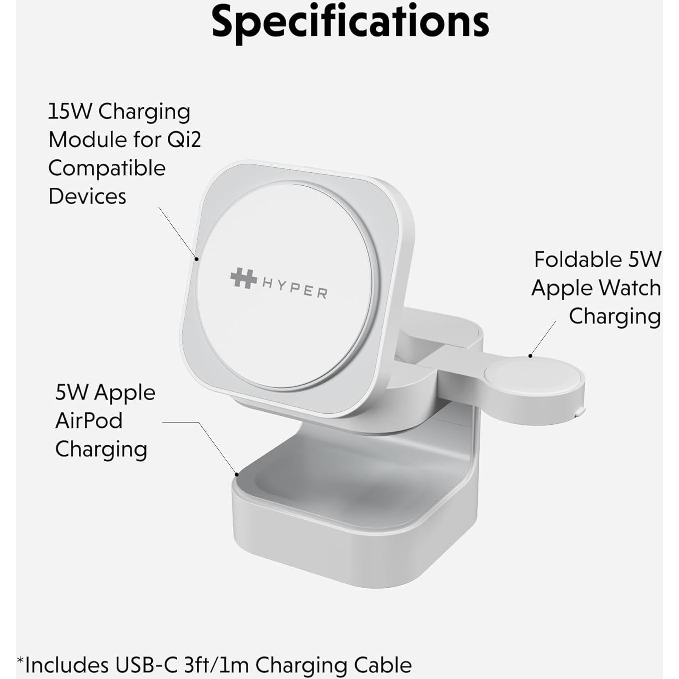 Cargador Inalámbrico 3-en-1 HyperJuice Qi2 - Carga Rápida para iPhone, Apple Watch y Airpods
