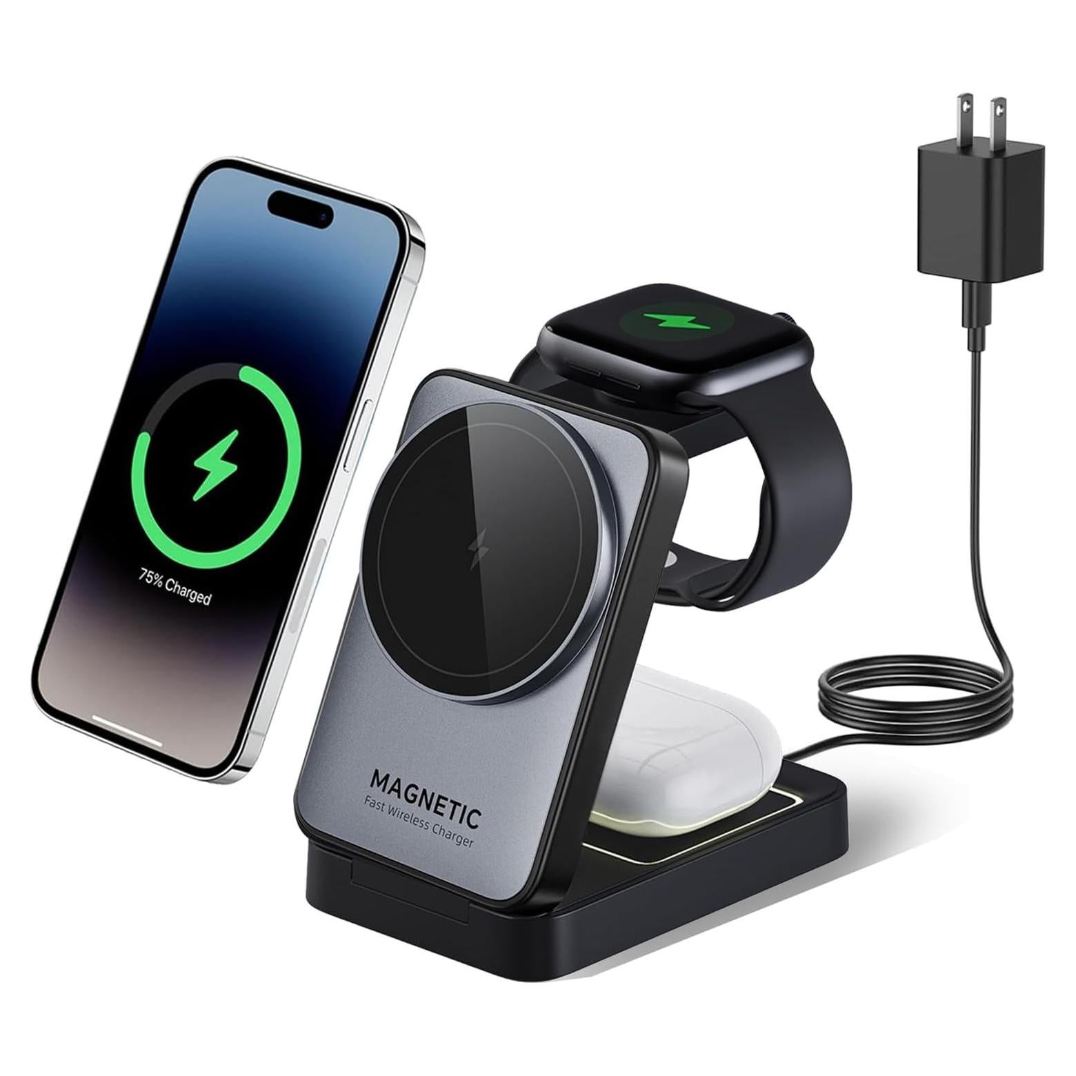 Cargador Inalámbrico 3 en 1 Takzop Negro para iPhone y Apple Watch