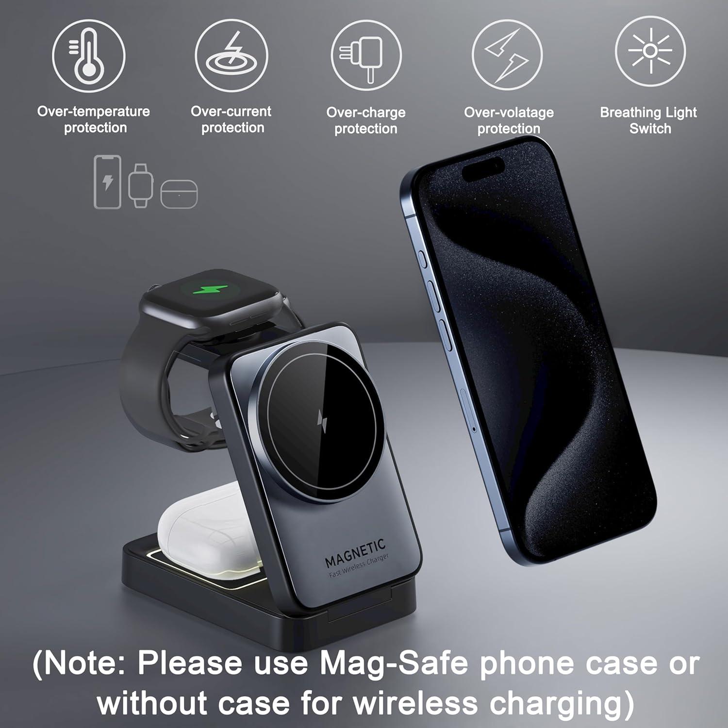 Cargador Inalámbrico 3 en 1 Takzop Negro para iPhone y Apple Watch