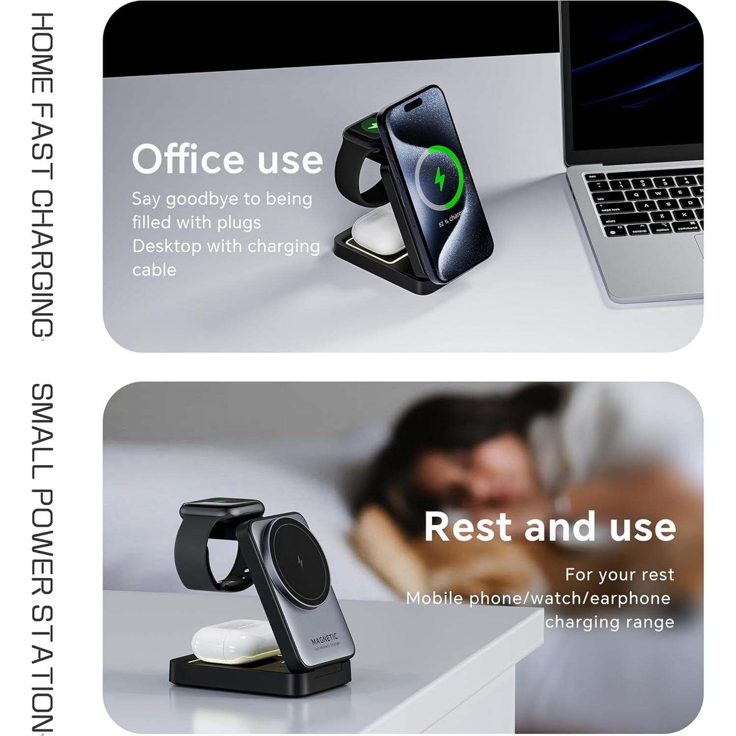 Cargador Inalámbrico 3 en 1 Takzop Negro para iPhone y Apple Watch