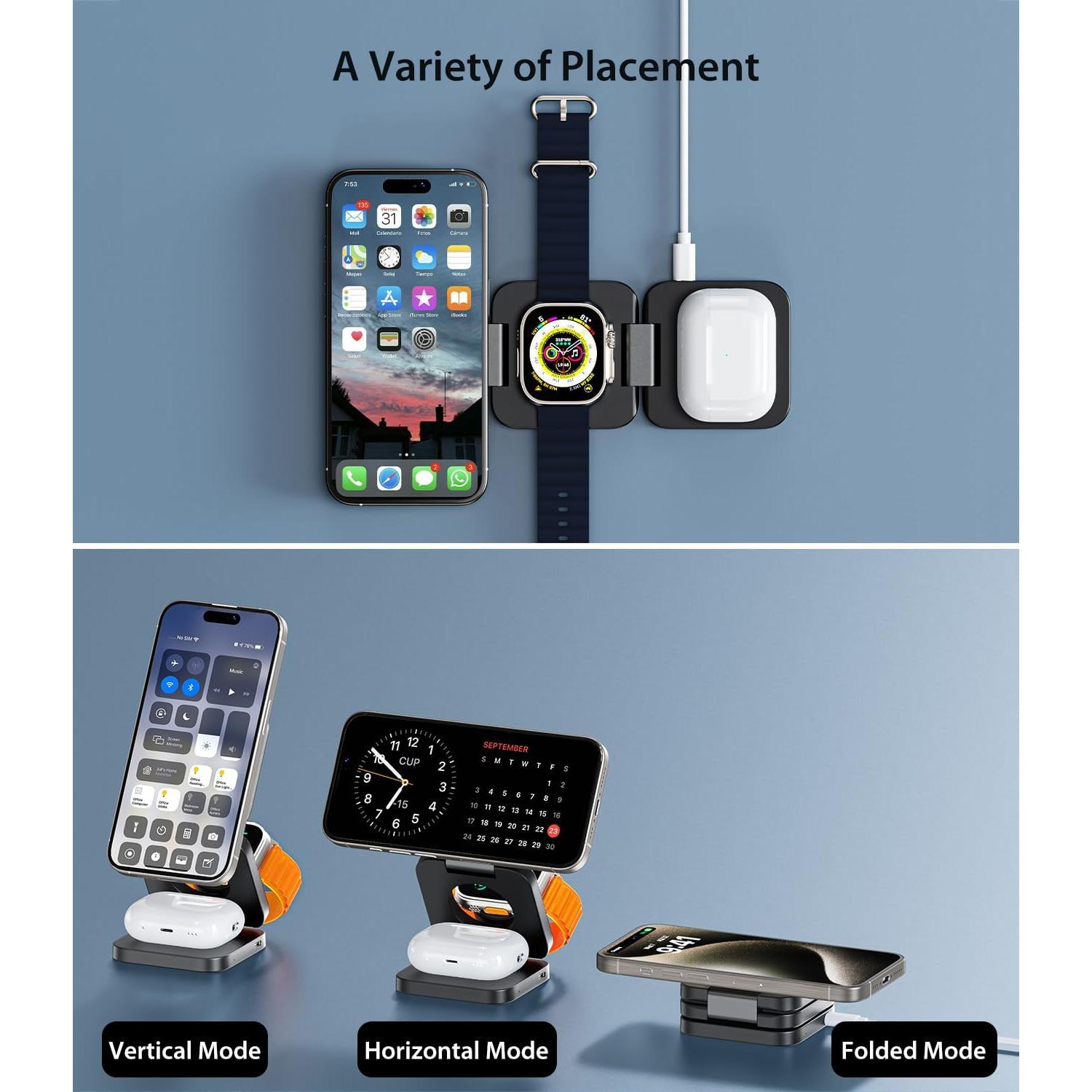 Cargador Inalámbrico 3 en 1 SIWIQU para iPhone y Apple Watch