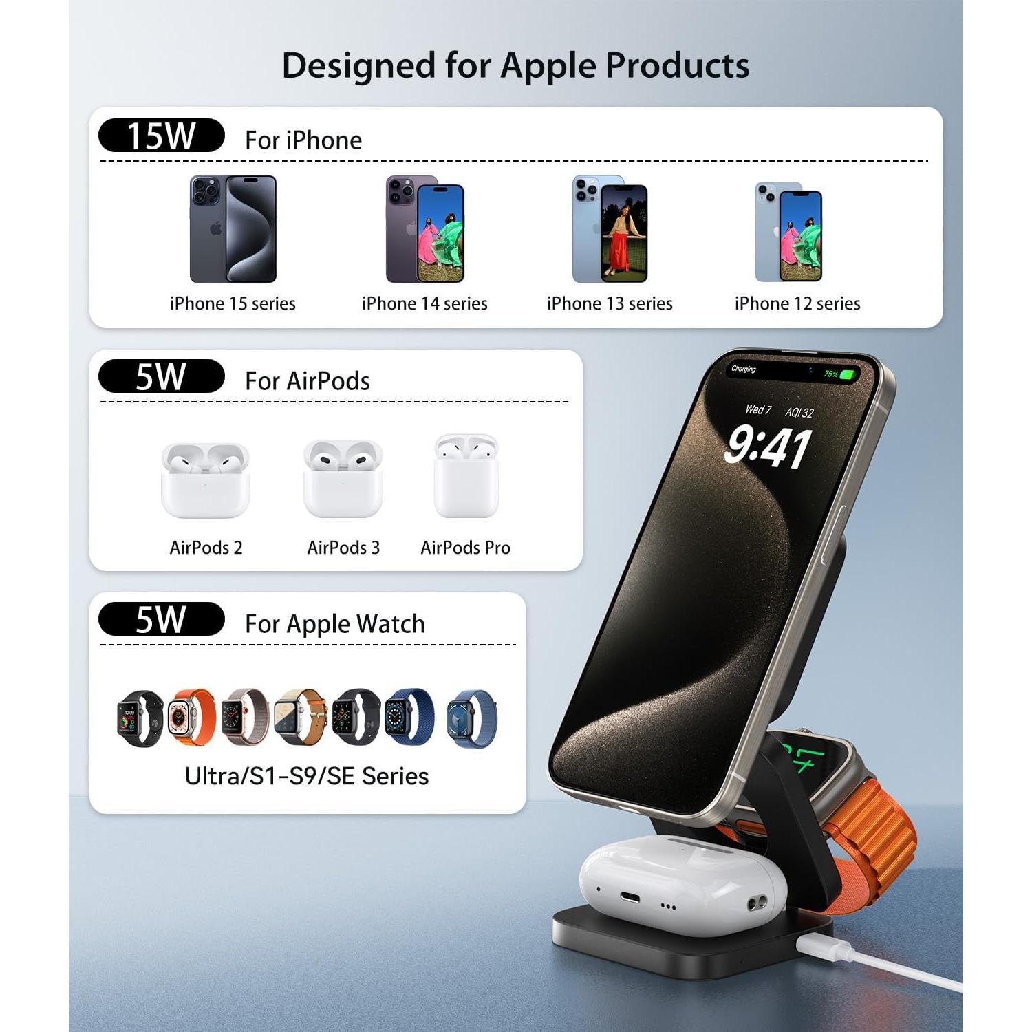 Cargador Inalámbrico 3 en 1 SIWIQU para iPhone y Apple Watch